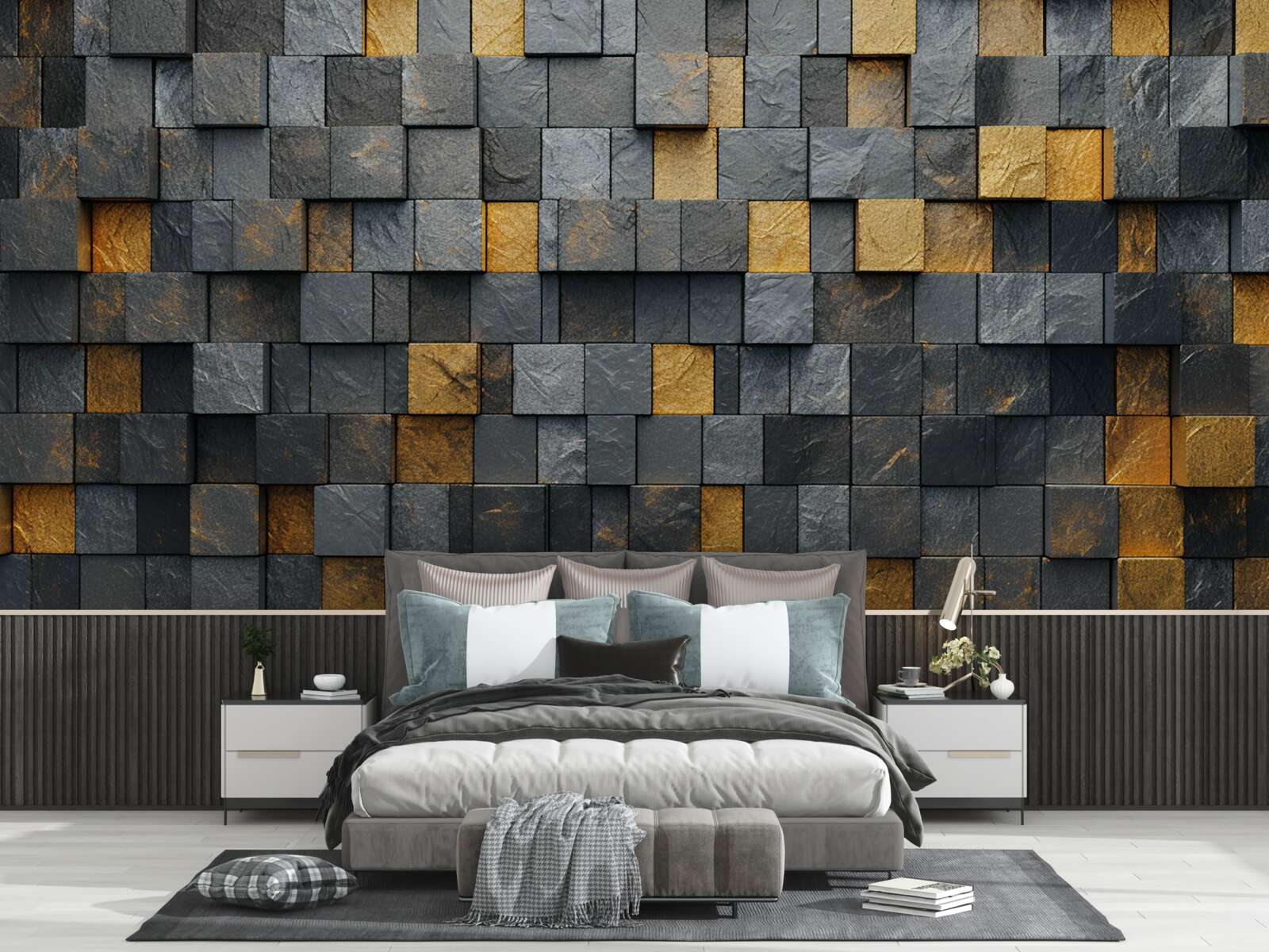 Papier peint des carrés de gris et des tons foncés sont mélangés à de l'or