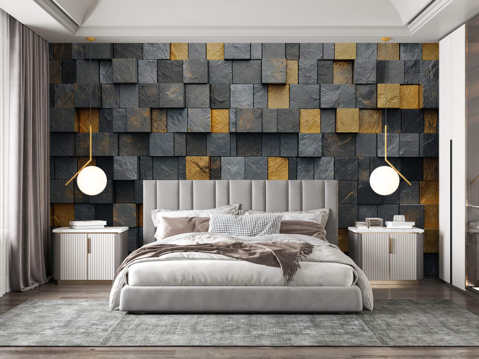 Papier peint des carrés de gris et des tons foncés sont mélangés à de l'or