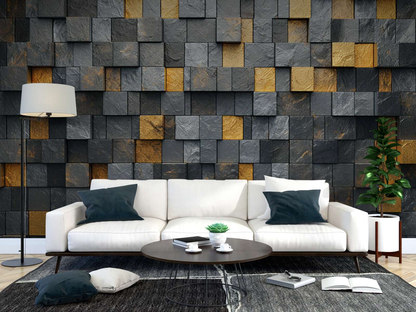 Papier peint des carrés de gris et des tons foncés sont mélangés à de l'or