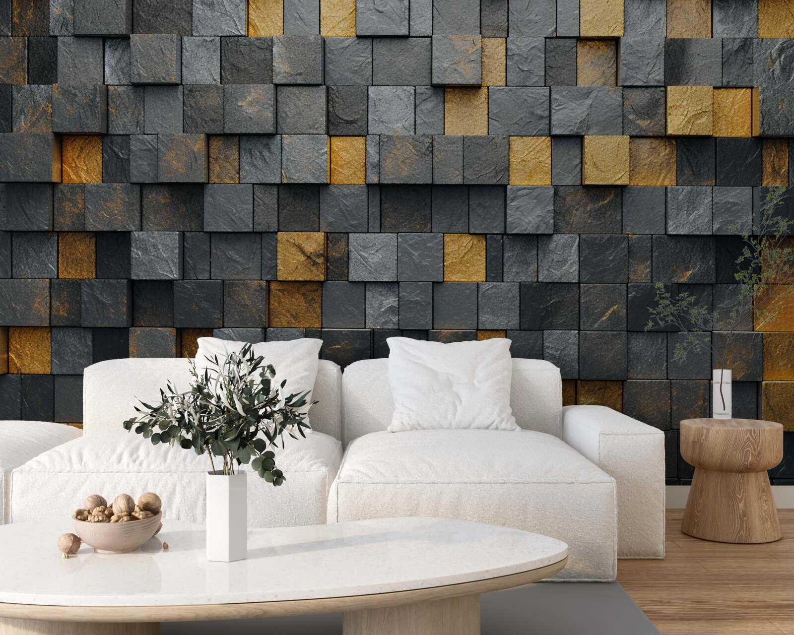 Papier peint des carrés de gris et des tons foncés sont mélangés à de l'or