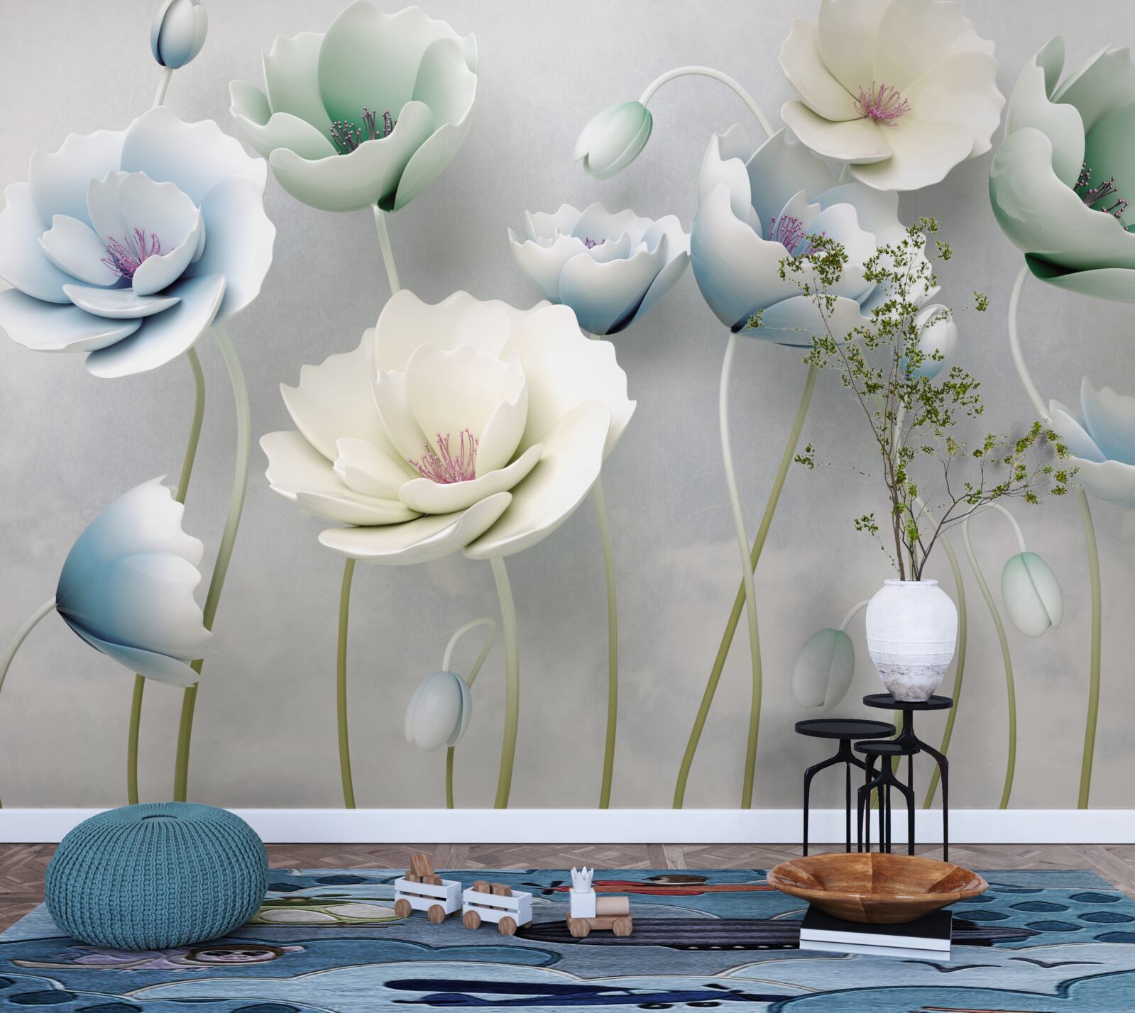 Papier peint gouttes d'eau sur des coquelicots élancés de différentes teintes