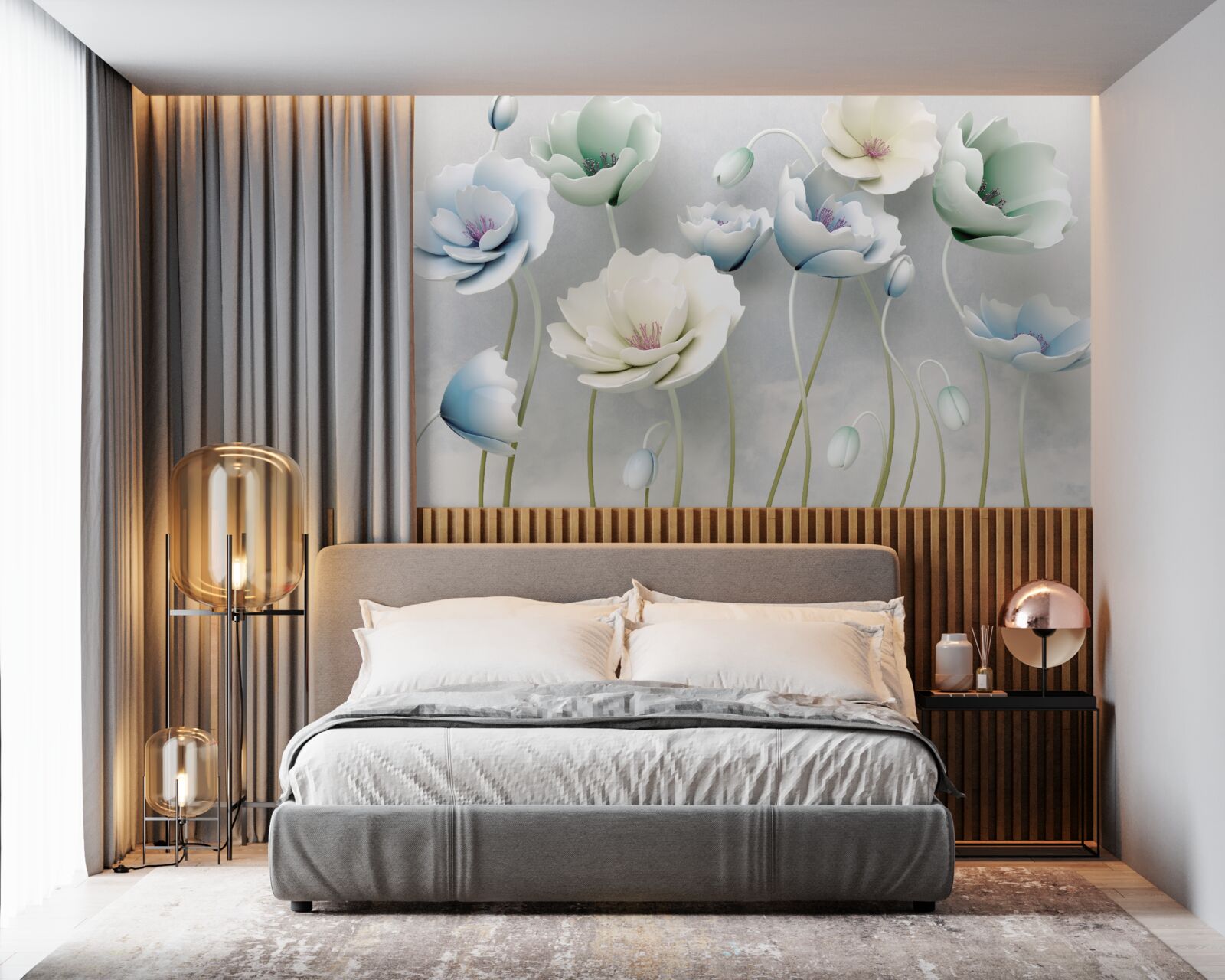 Papier peint gouttes d'eau sur des coquelicots élancés de différentes teintes