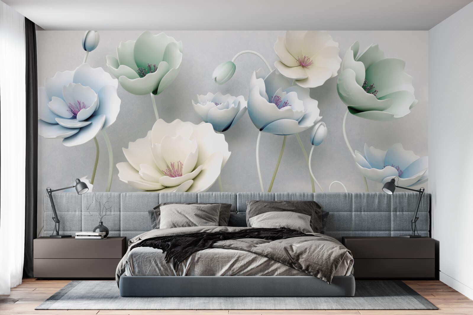 Papier peint gouttes d'eau sur des coquelicots élancés de différentes teintes