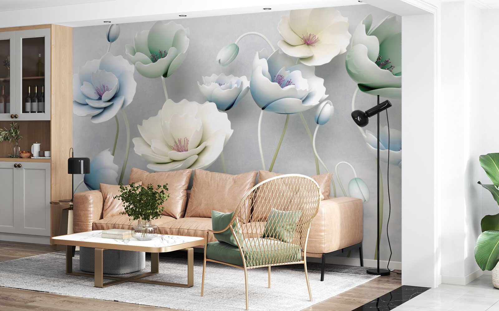 Papier peint gouttes d'eau sur des coquelicots élancés de différentes teintes