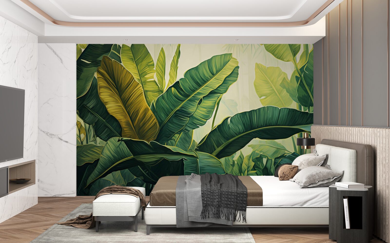 Papier peint de grandes feuilles de jungle d'un vert intense