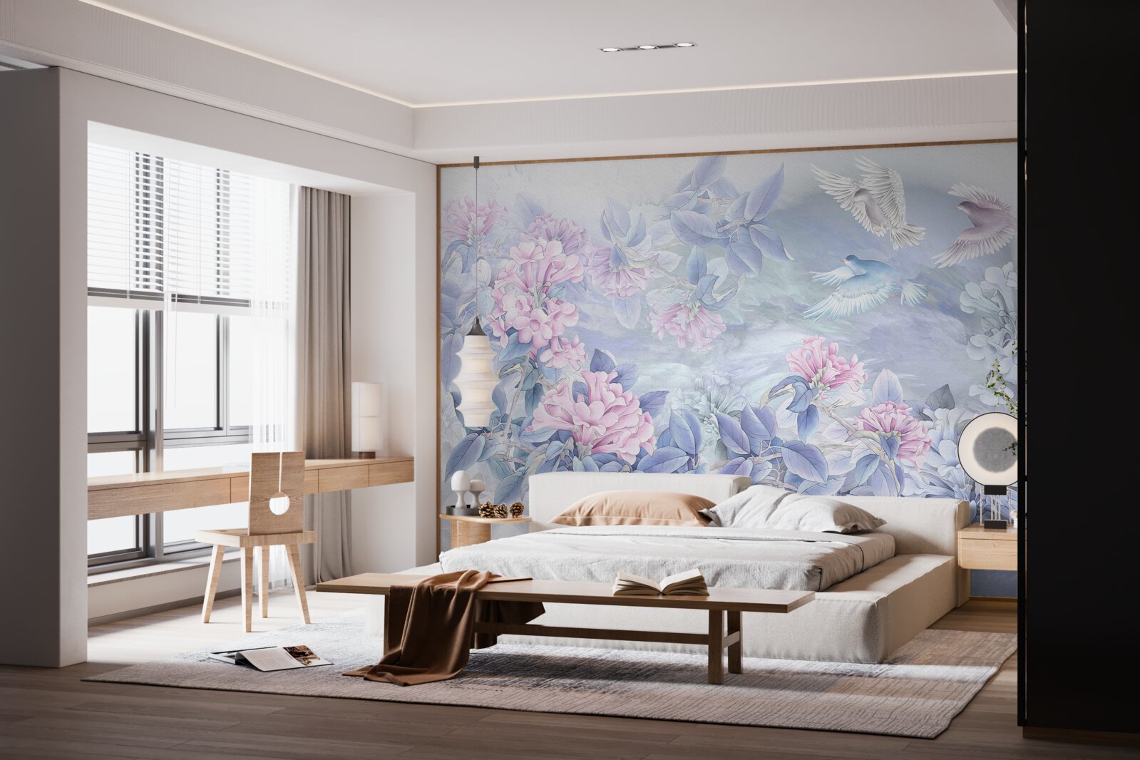 Papier peint les branches sont bleues, surmontées de fleurs roses