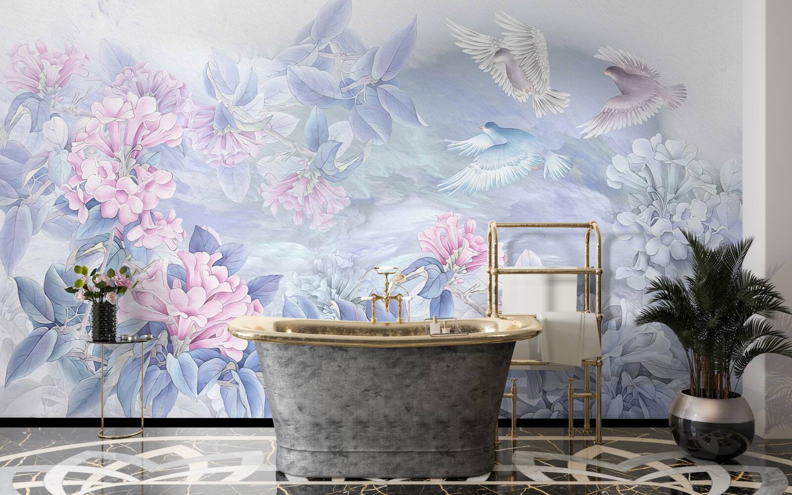 Papier peint les branches sont bleues, surmontées de fleurs roses