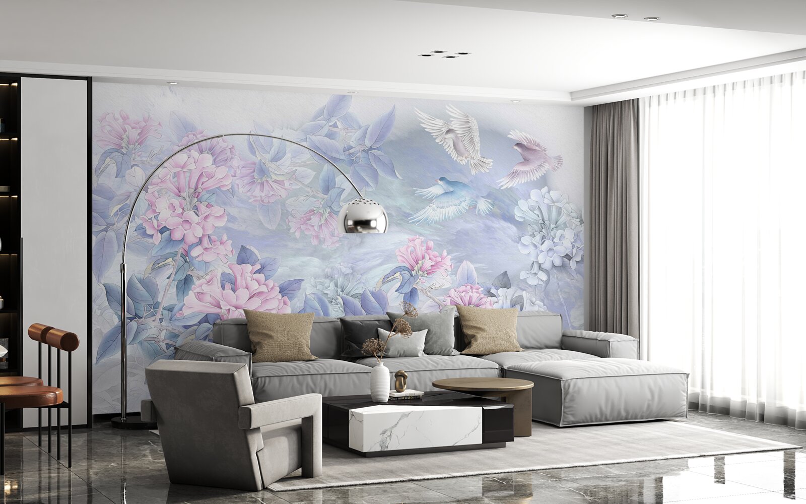 Papier peint les branches sont bleues, surmontées de fleurs roses