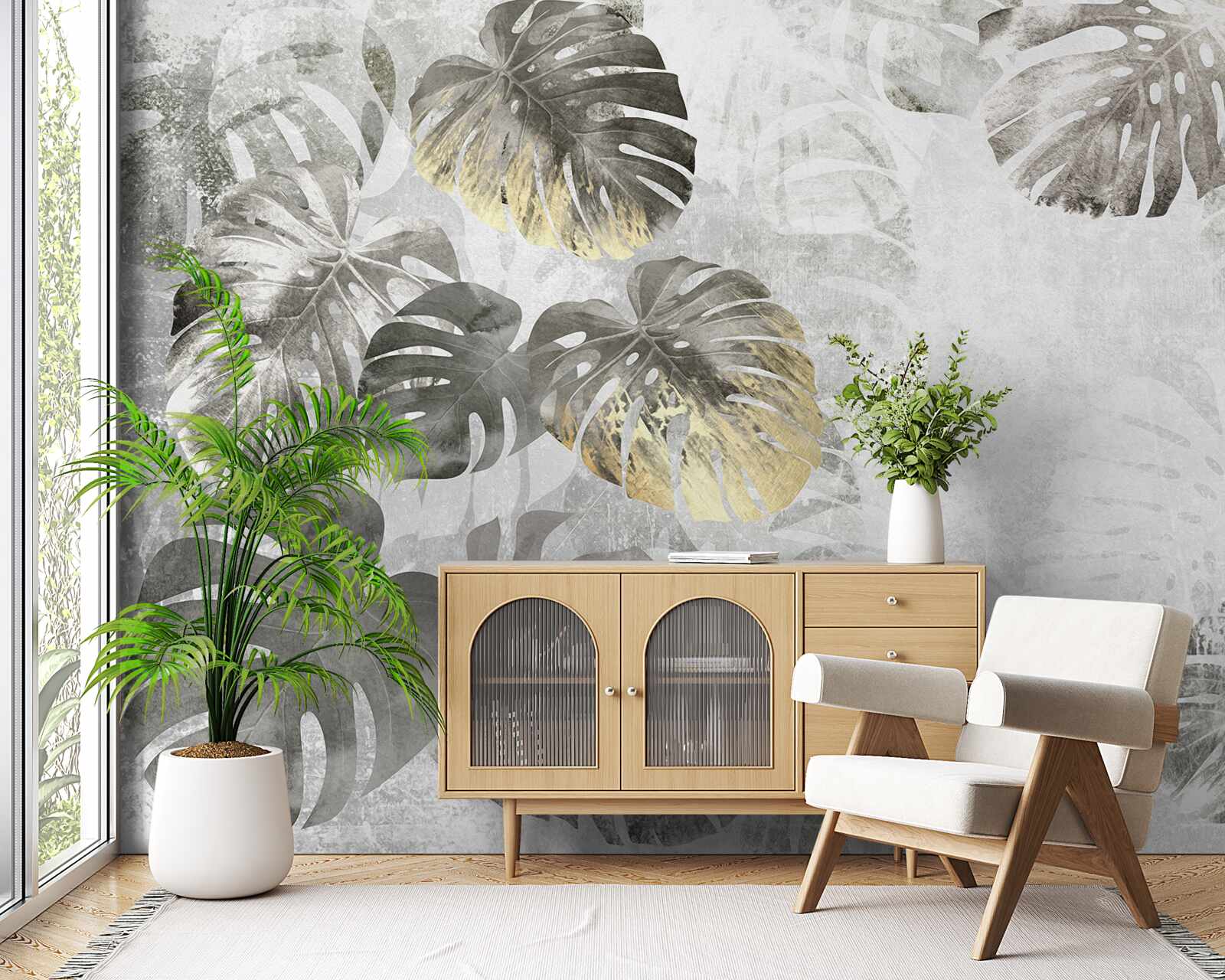 Papier peint feuilles grand format de monstera among the mist