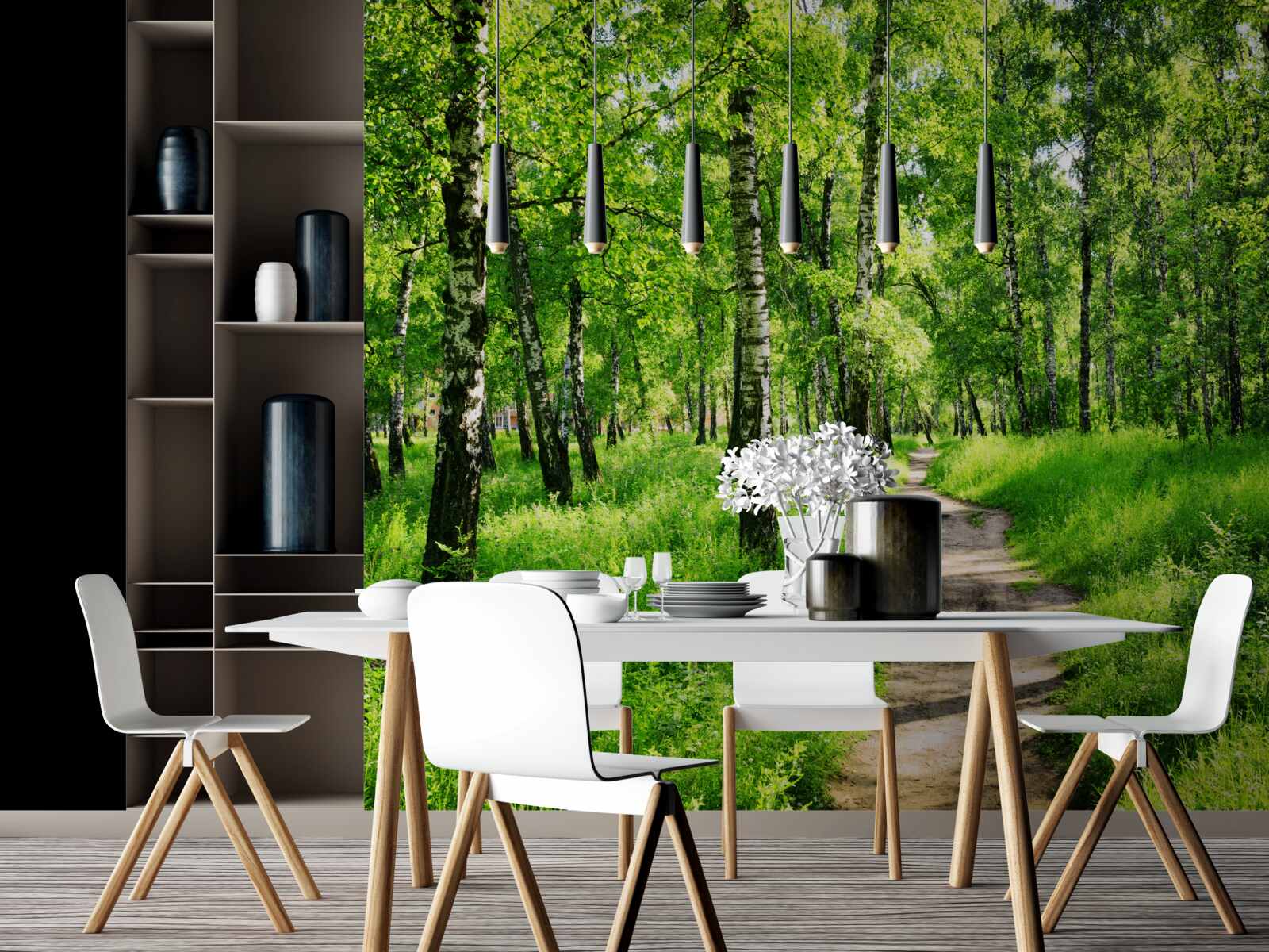 Papier peint Chemin à travers un bosquet de bouleaux