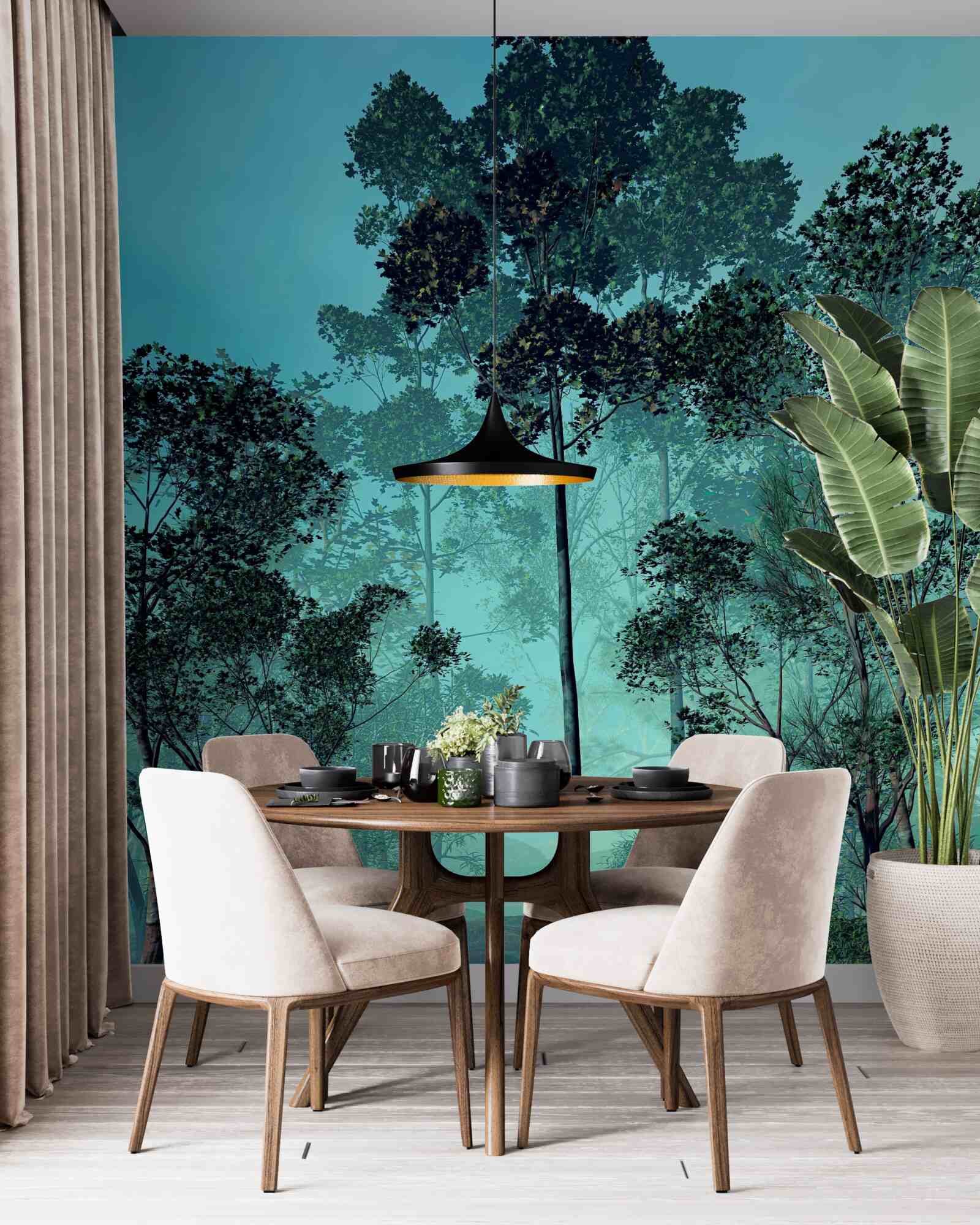 Papier peint forêt enchanteresse enveloppée d'un épais brouillard