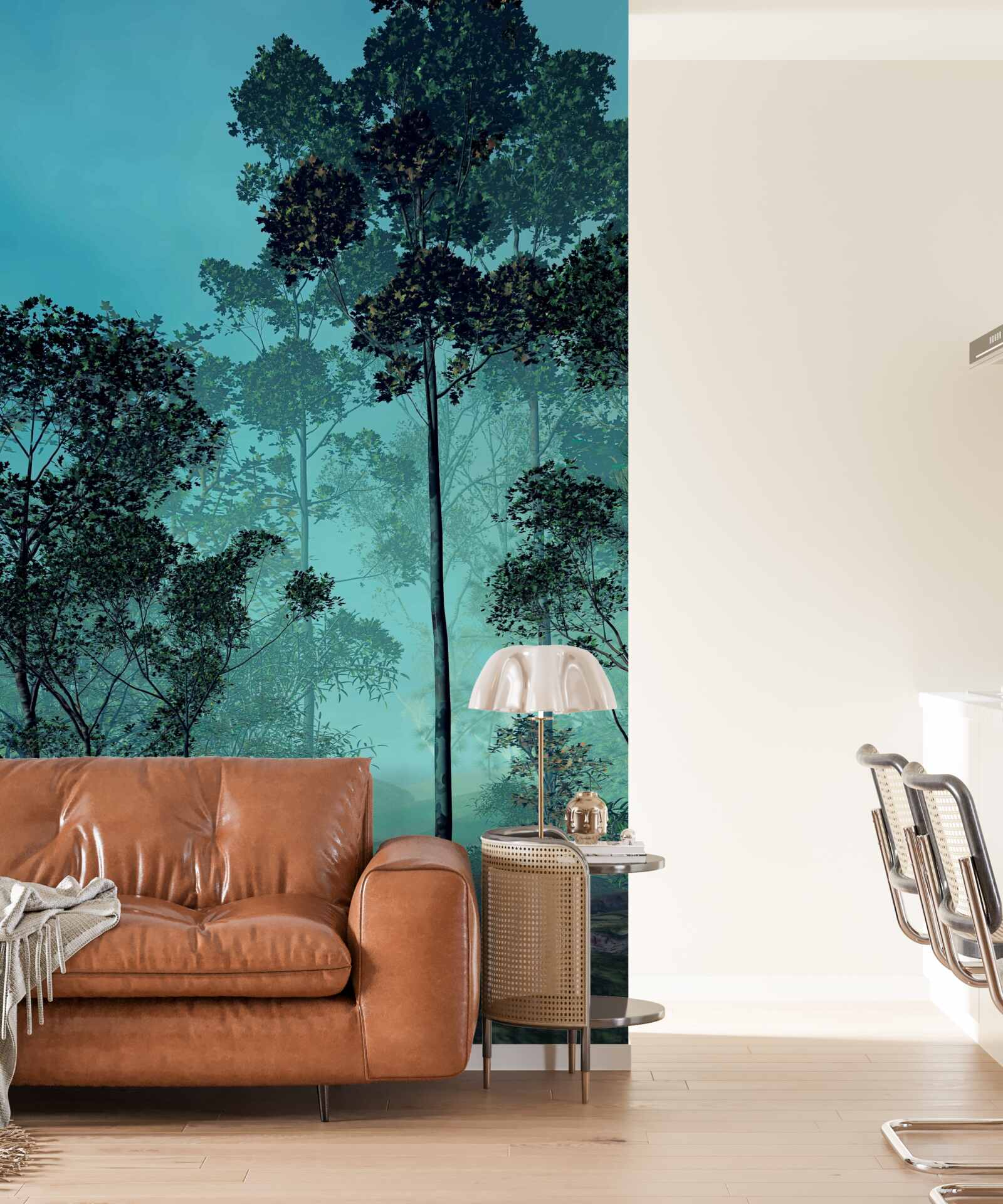 Papier peint forêt enchanteresse enveloppée d'un épais brouillard