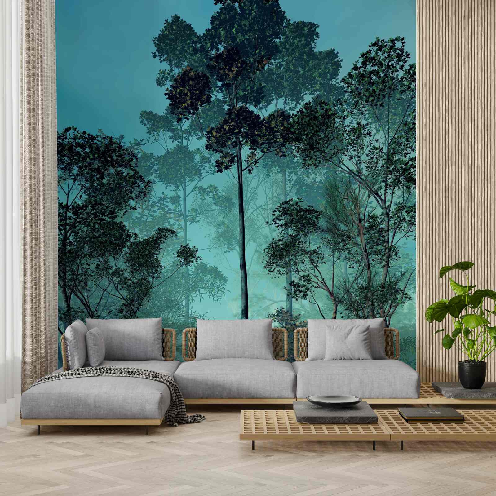 Papier peint forêt enchanteresse enveloppée d'un épais brouillard