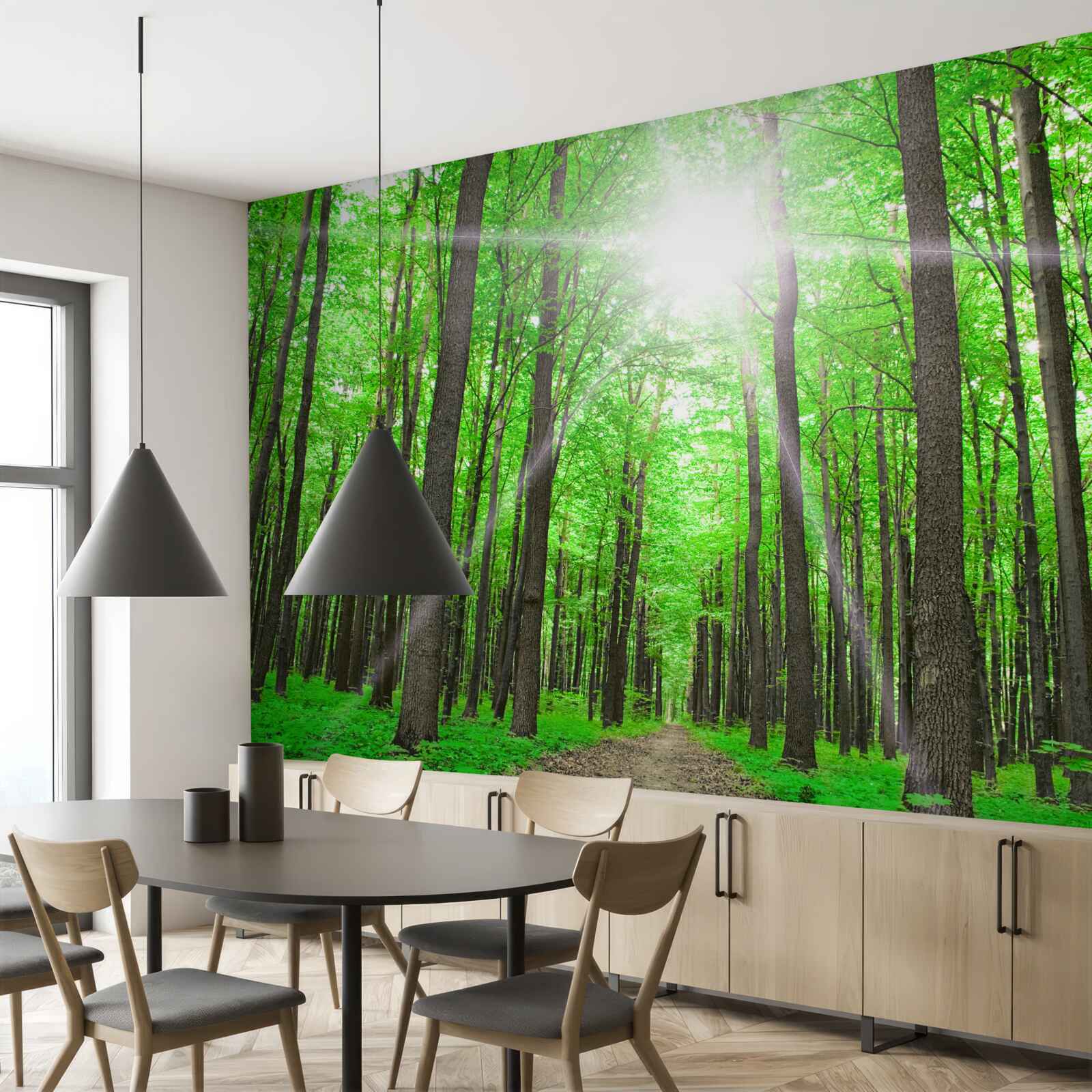 Papier peint lucarne lumineuse dans le vert dense des arbres