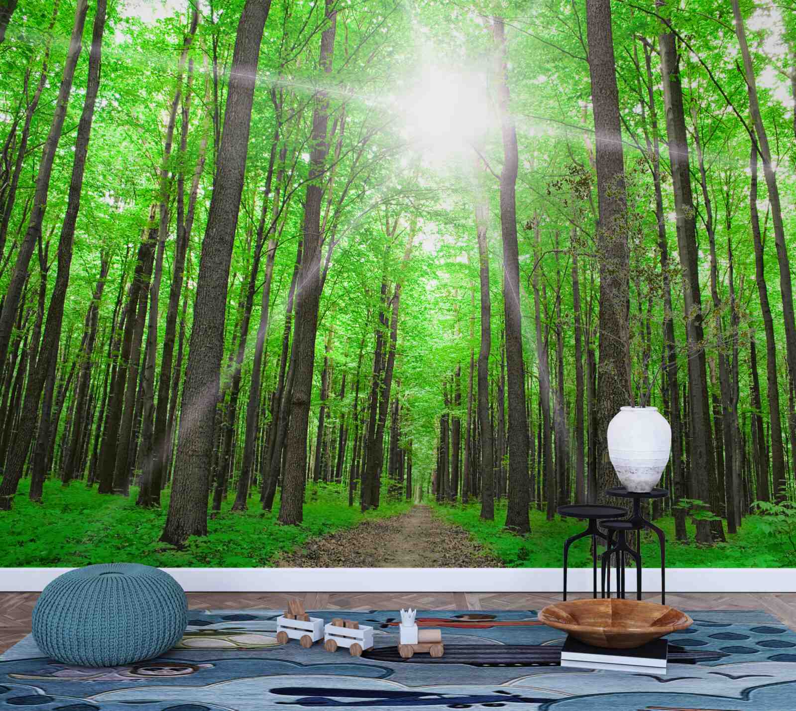 Papier peint lucarne lumineuse dans le vert dense des arbres