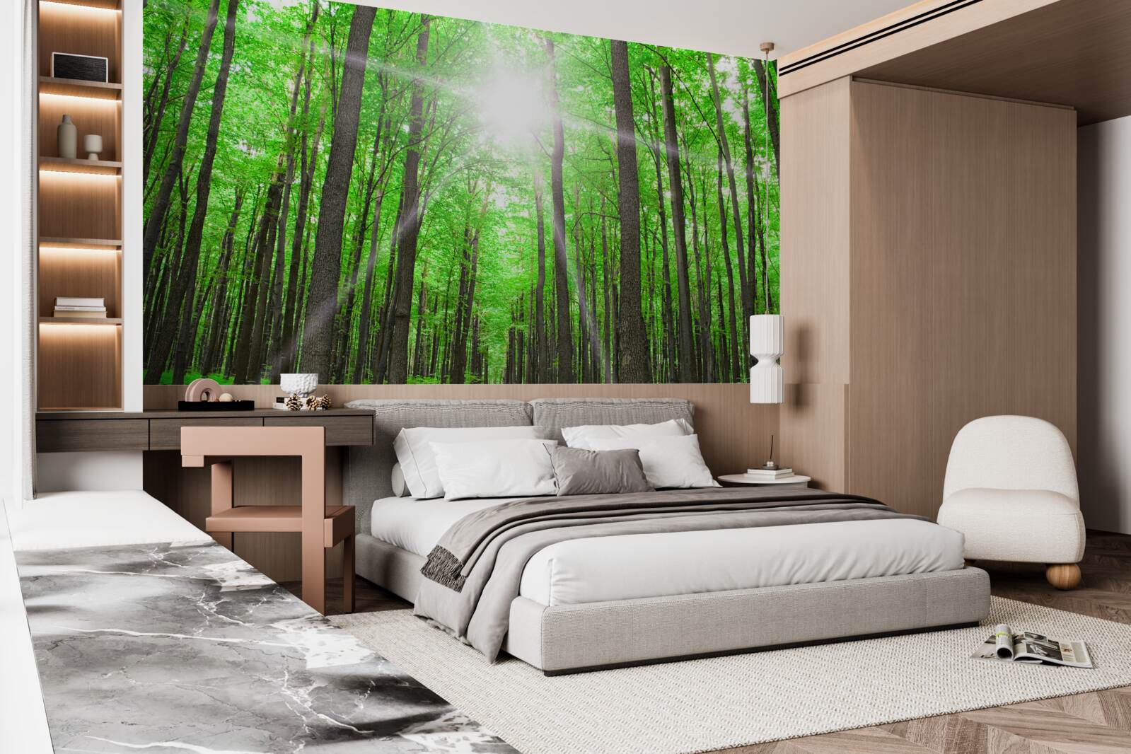 Papier peint lucarne lumineuse dans le vert dense des arbres