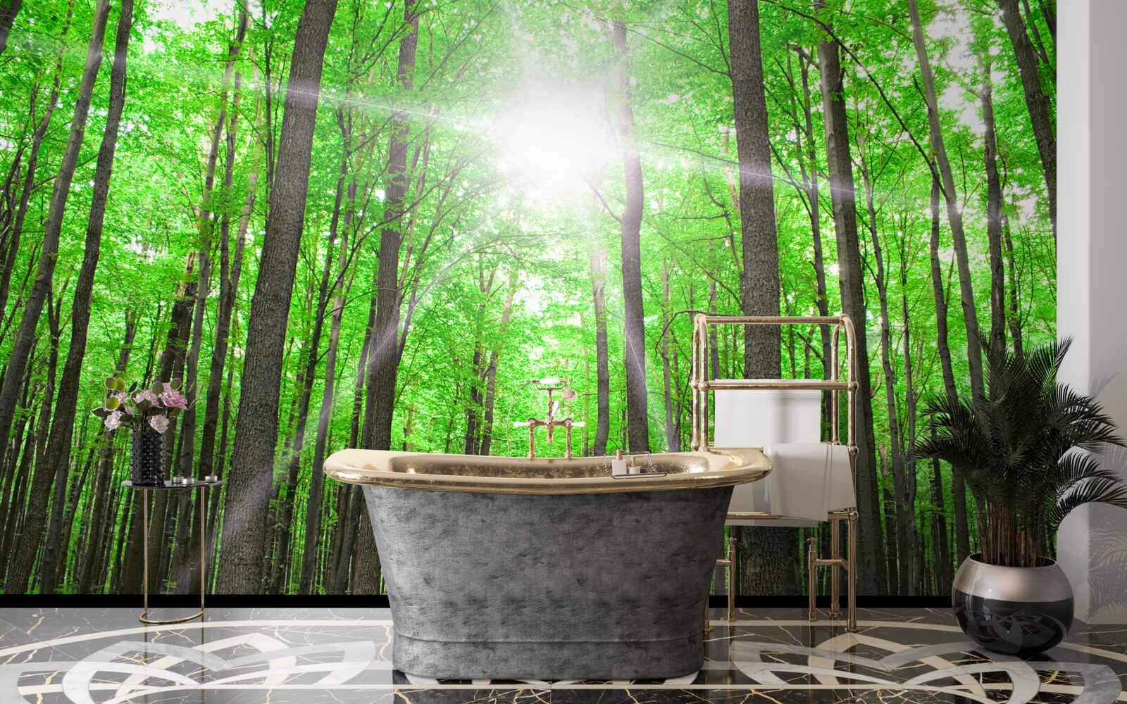 Papier peint lucarne lumineuse dans le vert dense des arbres