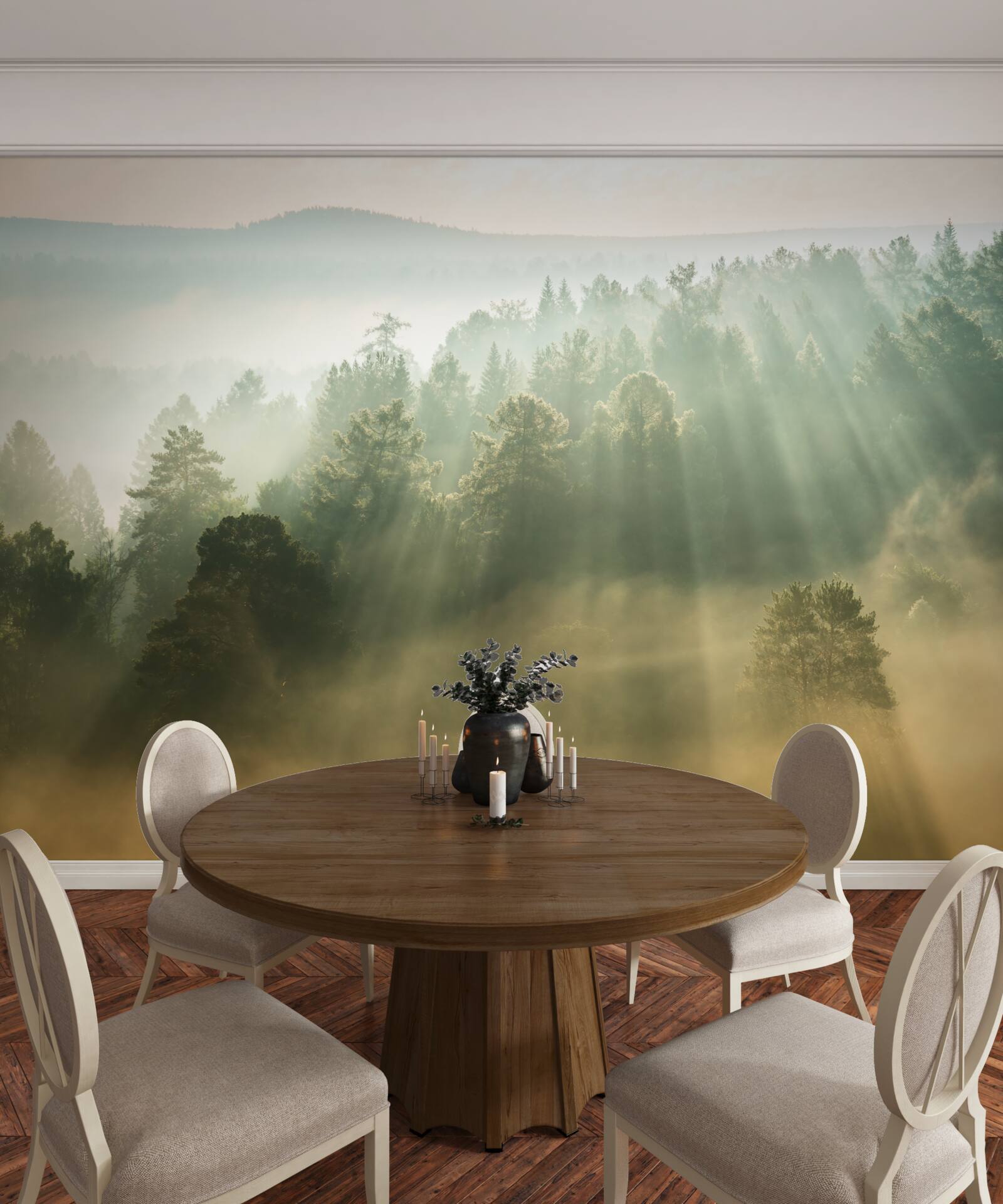 Papier peint dans la forêt, le brouillard dense se dissipe sous l'effet du soleil