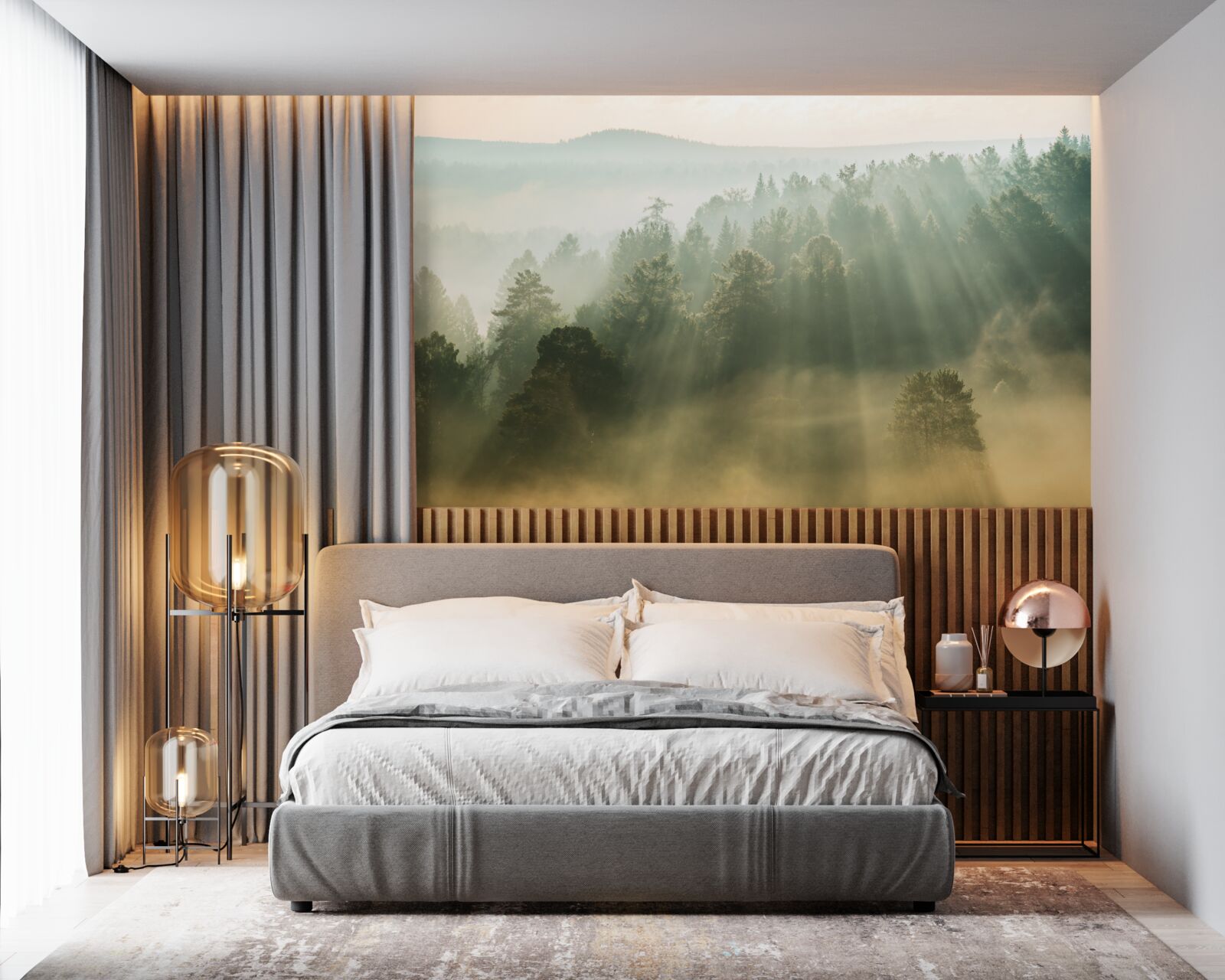 Papier peint dans la forêt, le brouillard dense se dissipe sous l'effet du soleil