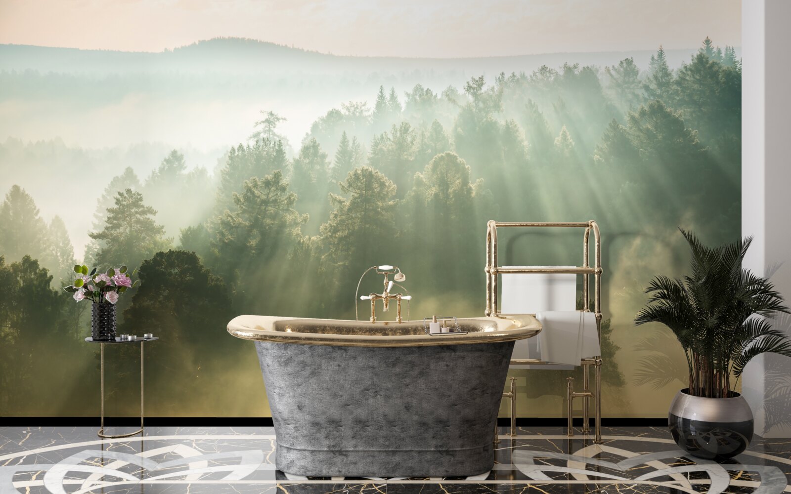 Papier peint dans la forêt, le brouillard dense se dissipe sous l'effet du soleil