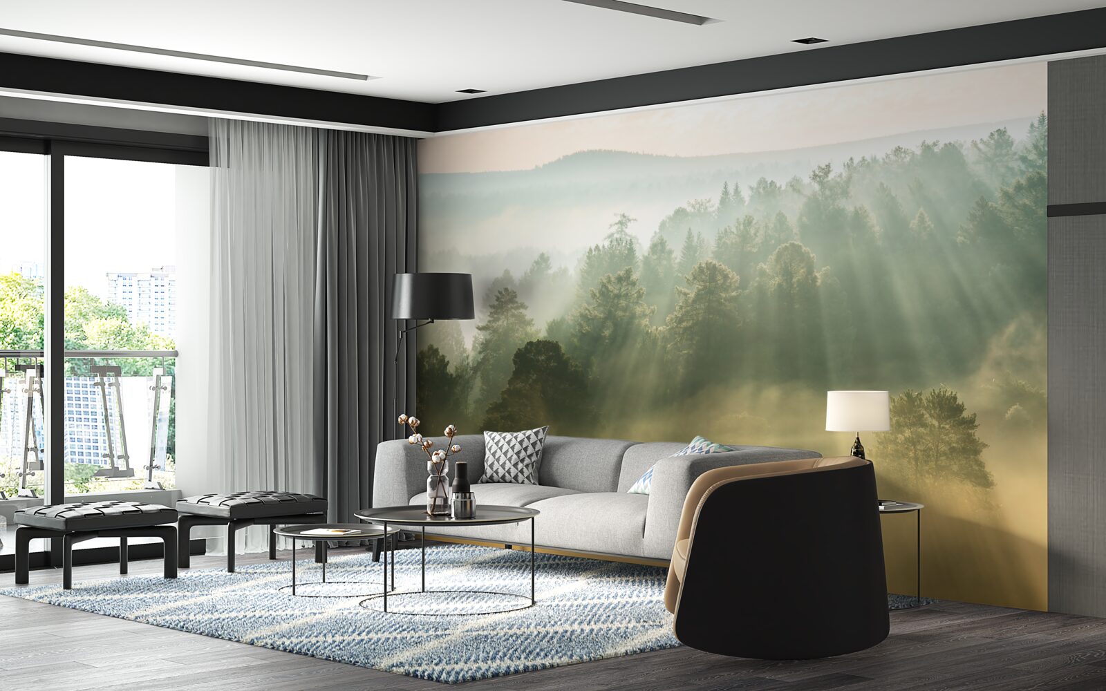 Papier peint dans la forêt, le brouillard dense se dissipe sous l'effet du soleil