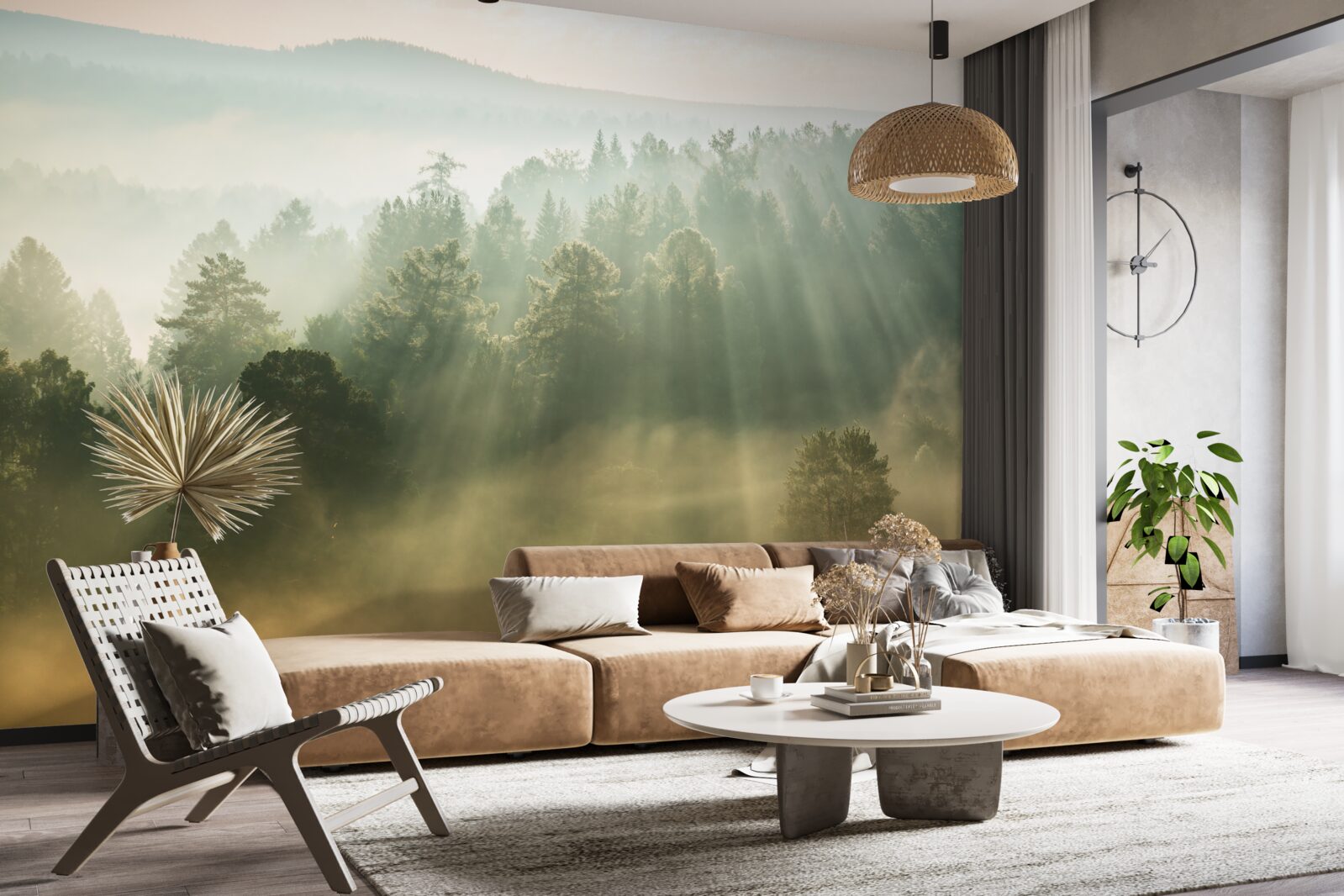 Papier peint dans la forêt, le brouillard dense se dissipe sous l'effet du soleil