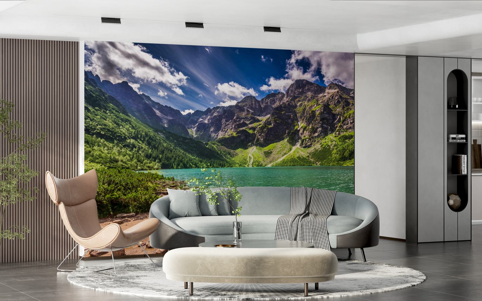 Papier peint une journée d'été près d'un lac entouré de montagnes verdoyantes