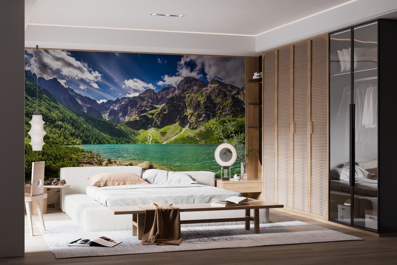 Papier peint une journée d'été près d'un lac entouré de montagnes verdoyantes