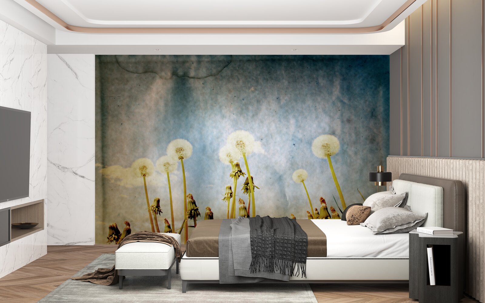 Papier peint le coucher de soleil est salué par de gracieux pissenlits