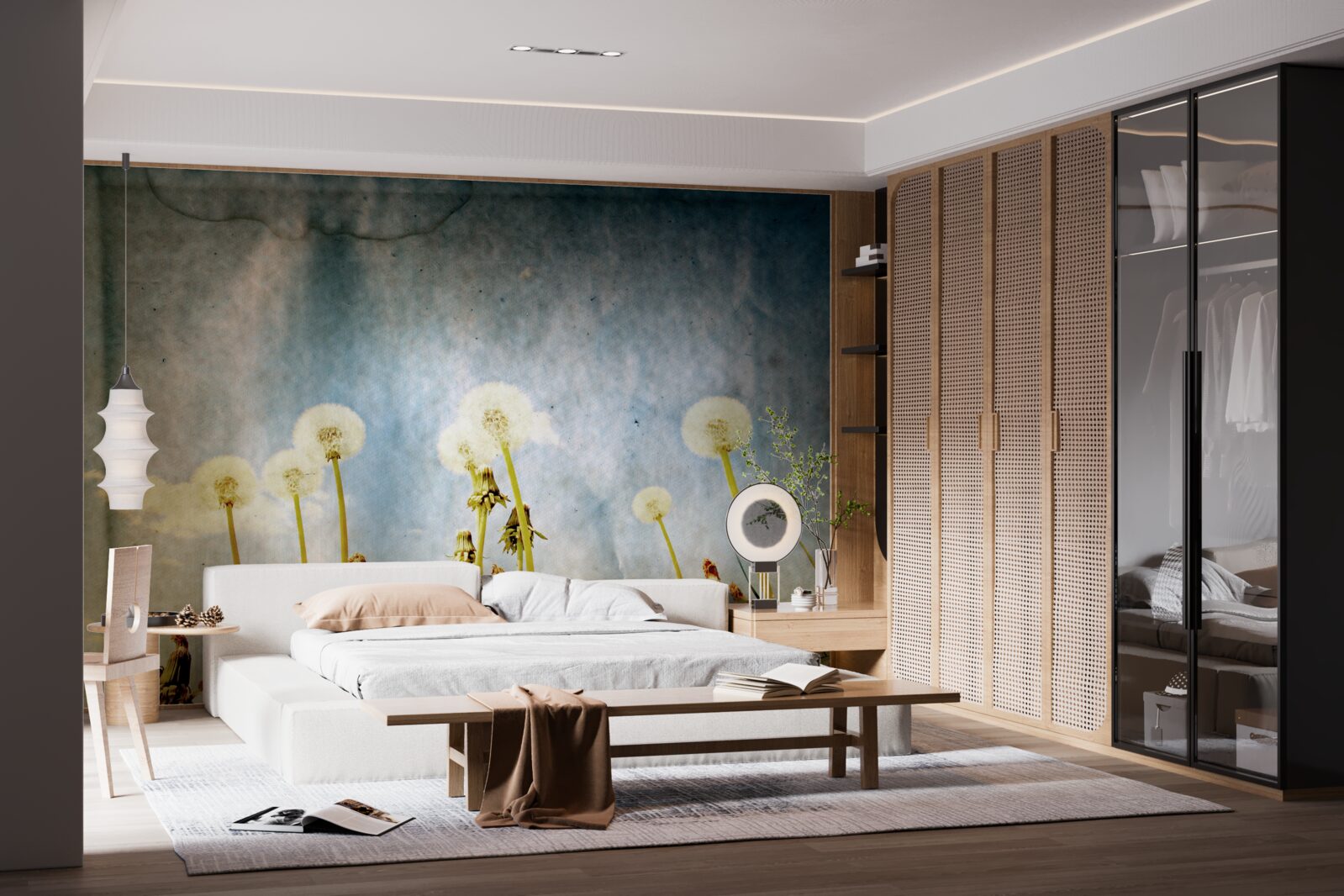 Papier peint le coucher de soleil est salué par de gracieux pissenlits