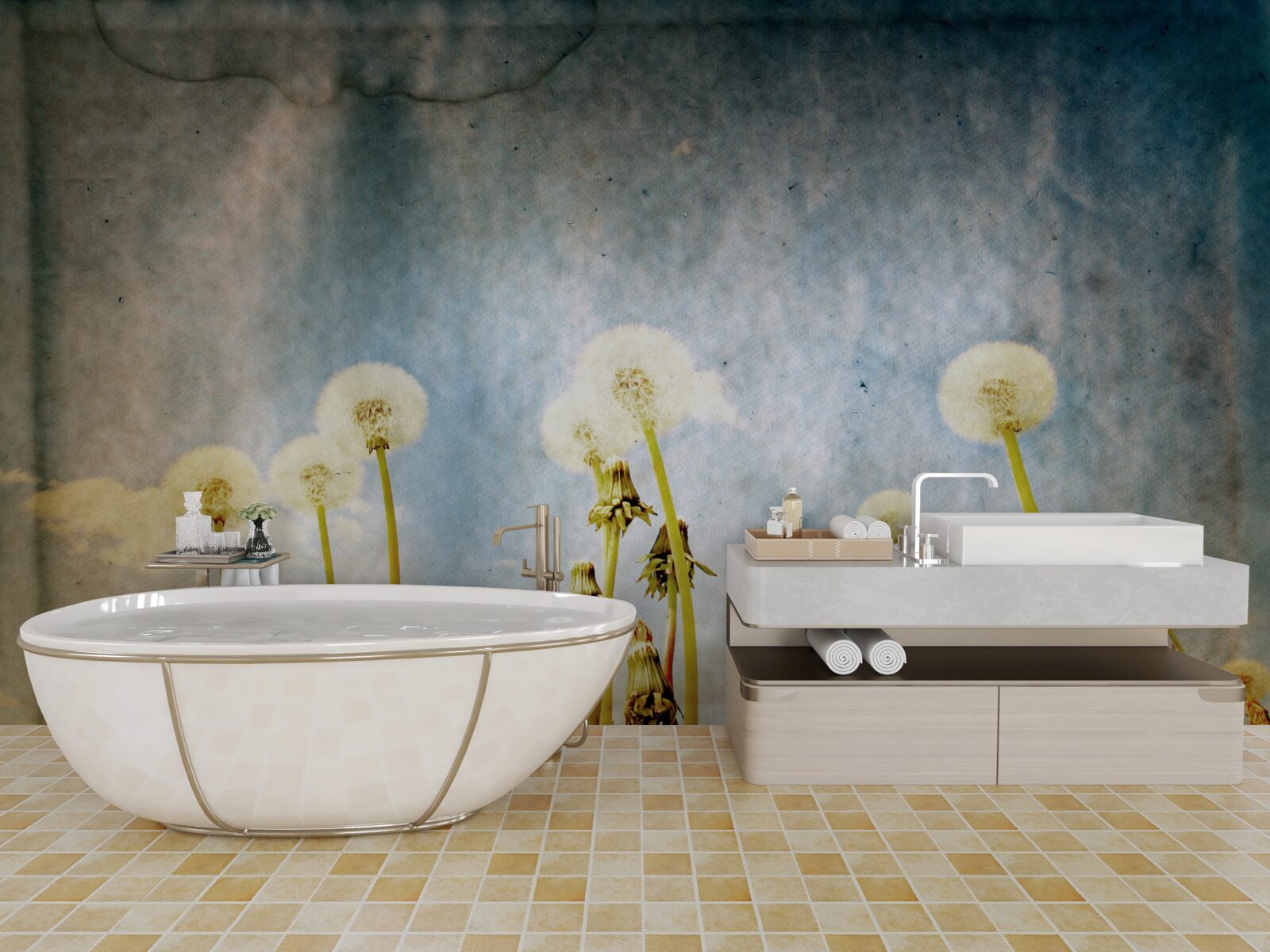 Papier peint le coucher de soleil est salué par de gracieux pissenlits