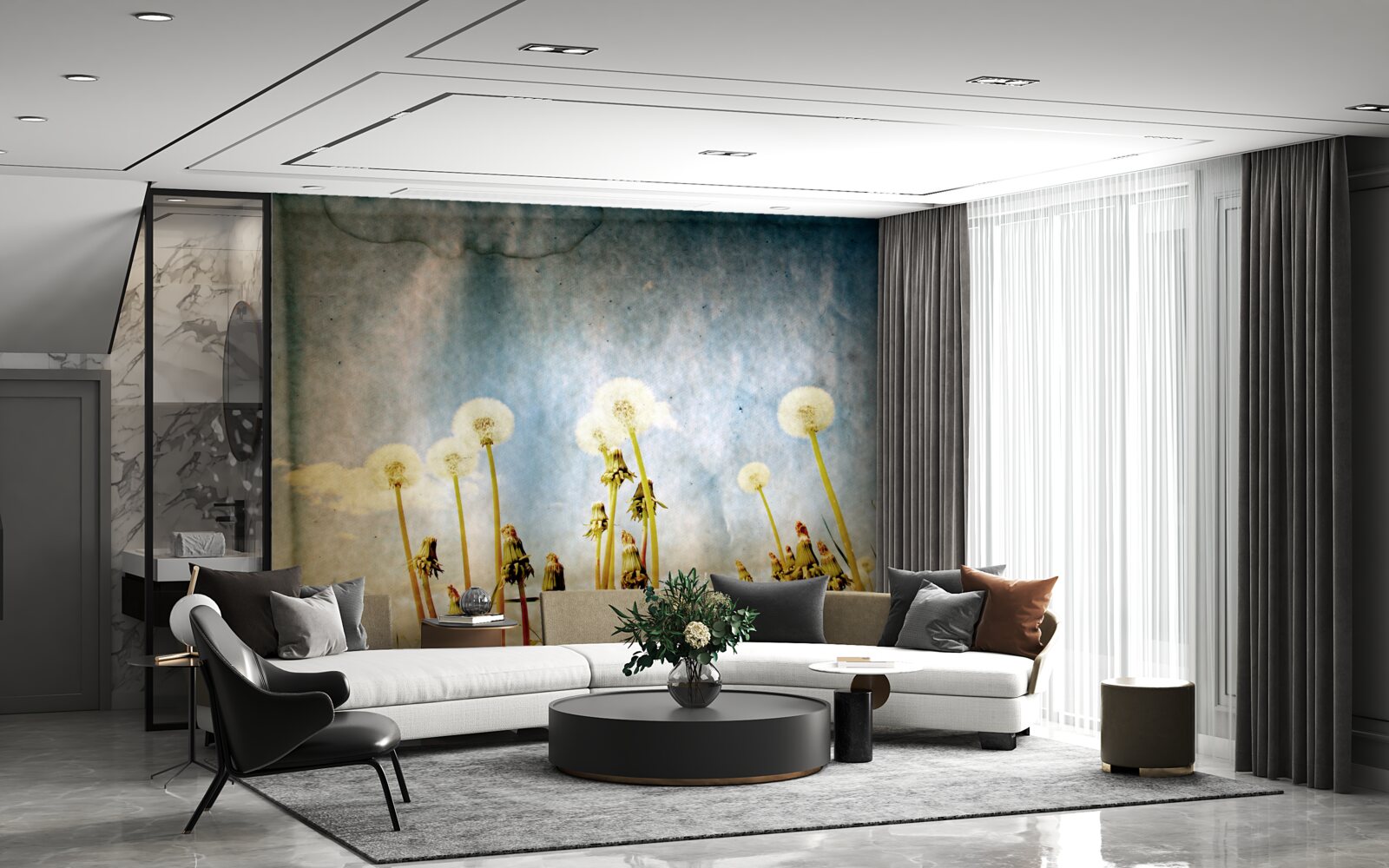 Papier peint le coucher de soleil est salué par de gracieux pissenlits