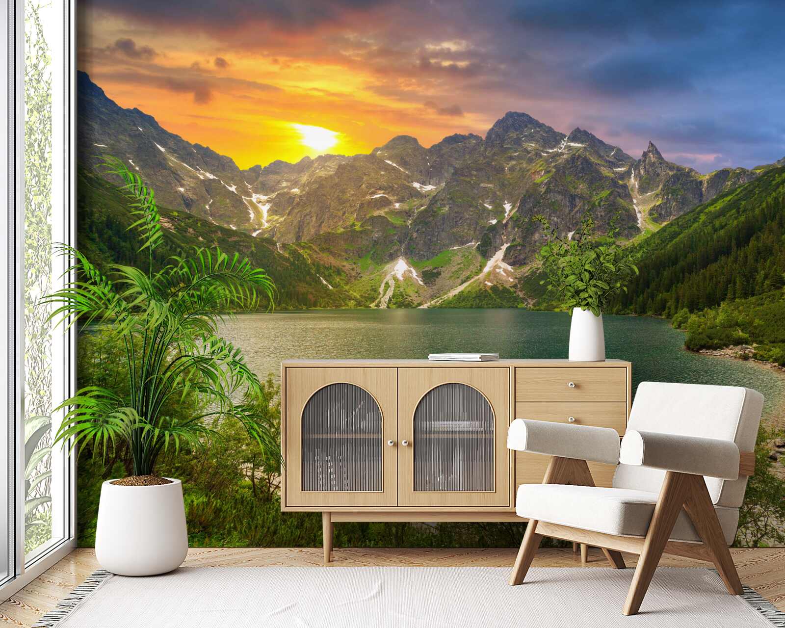 Papier peint coucher de soleil spectaculaire derrière les chaînes de montagnes près du lac