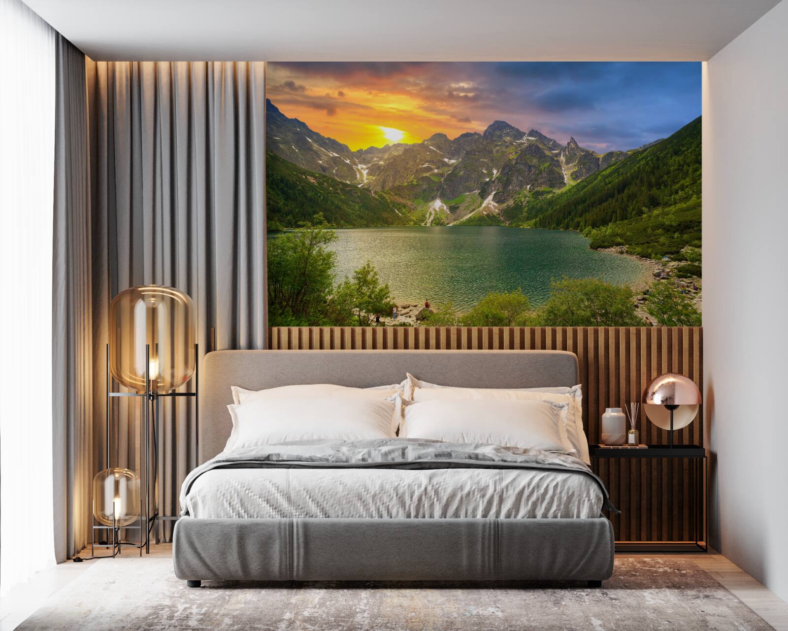 Papier peint coucher de soleil spectaculaire derrière les chaînes de montagnes près du lac