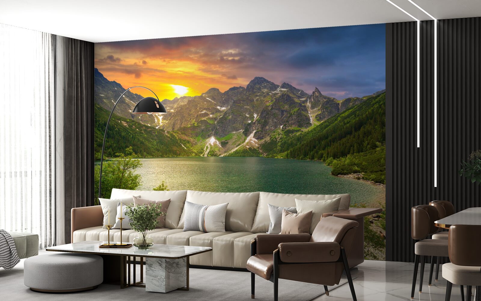 Papier peint coucher de soleil spectaculaire derrière les chaînes de montagnes près du lac