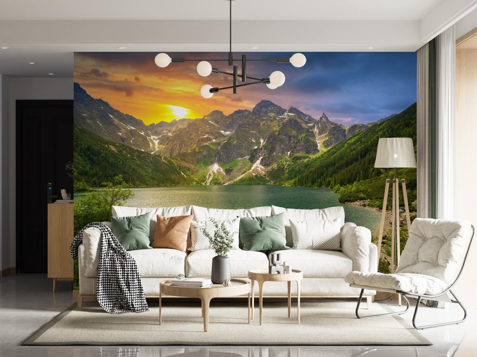 Papier peint coucher de soleil spectaculaire derrière les chaînes de montagnes près du lac