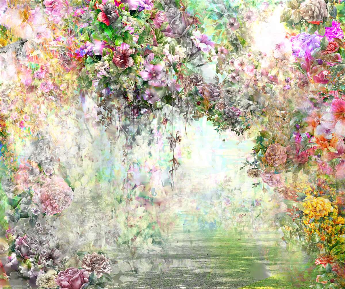 Papier peint chemin d'été pittoresque parsemé de fleurs dans la forêt