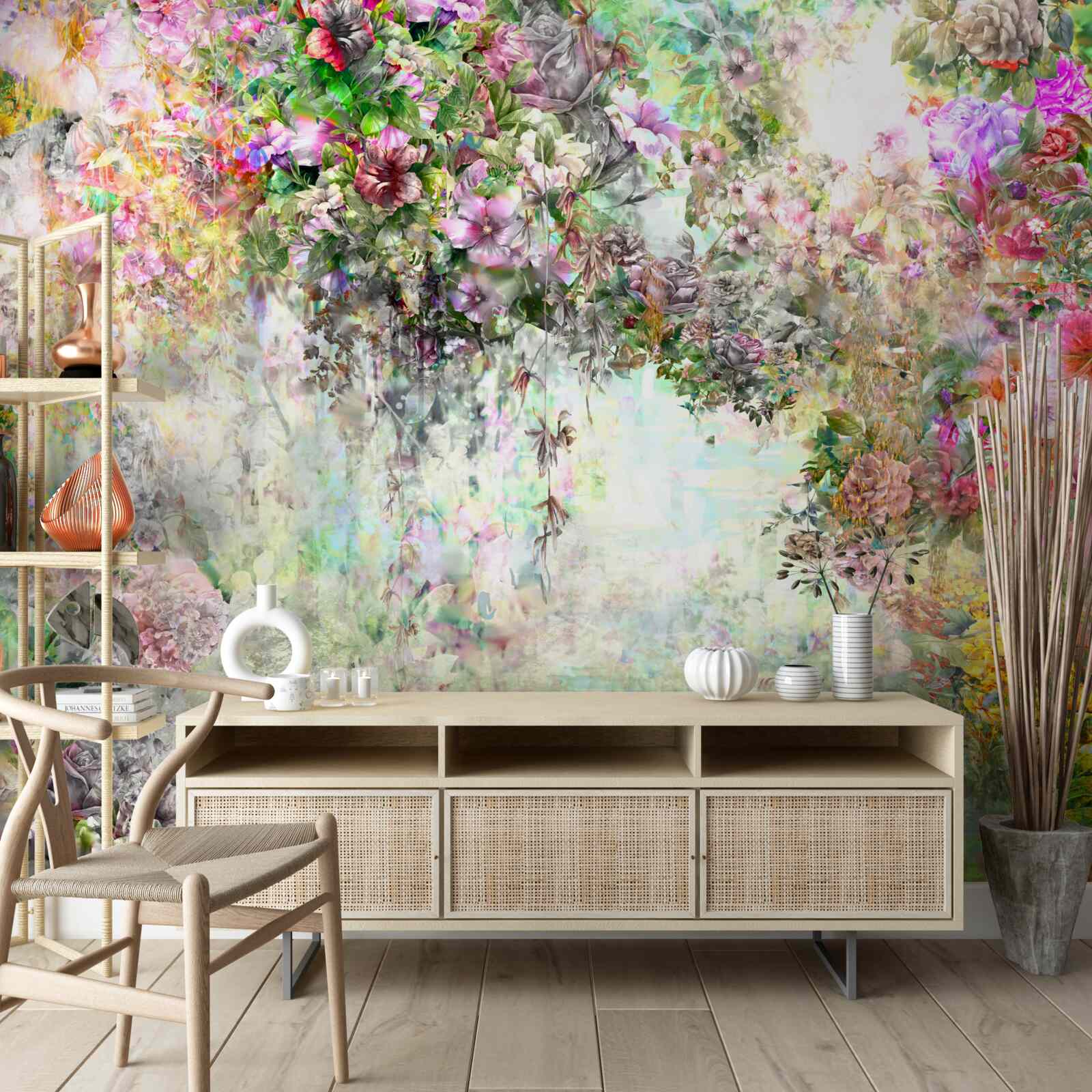 Papier peint chemin d'été pittoresque parsemé de fleurs dans la forêt