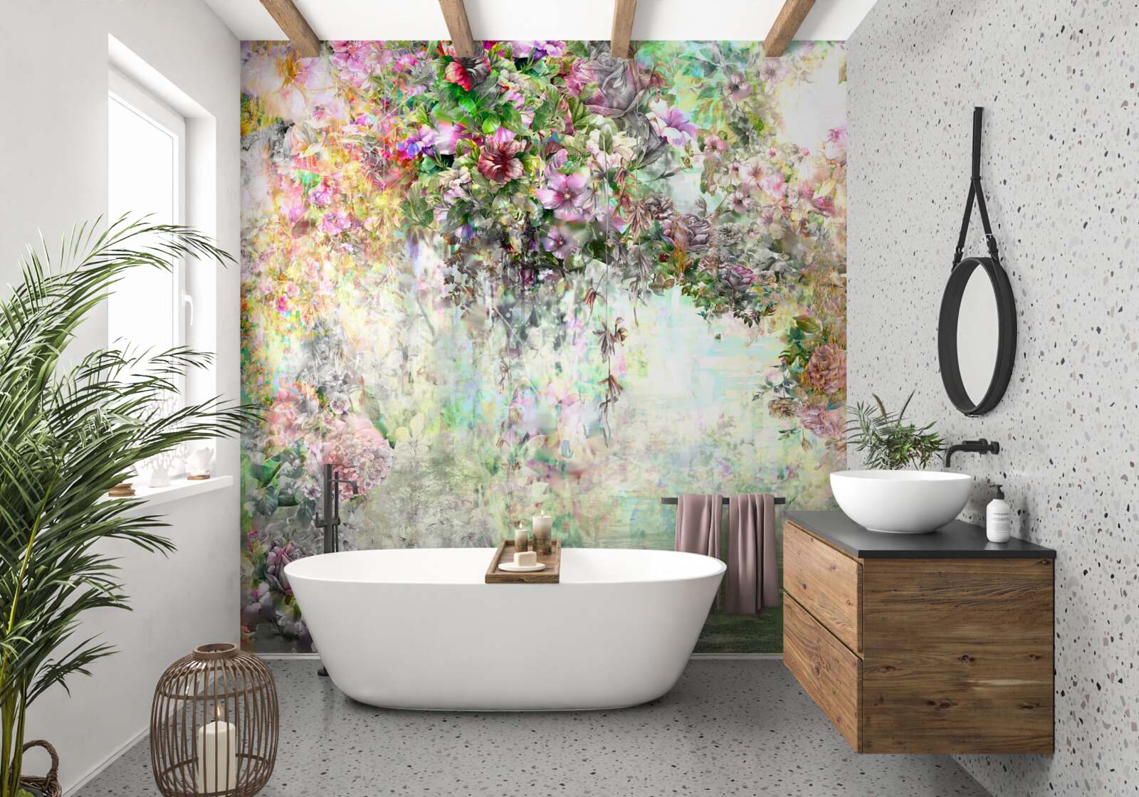 Papier peint chemin d'été pittoresque parsemé de fleurs dans la forêt