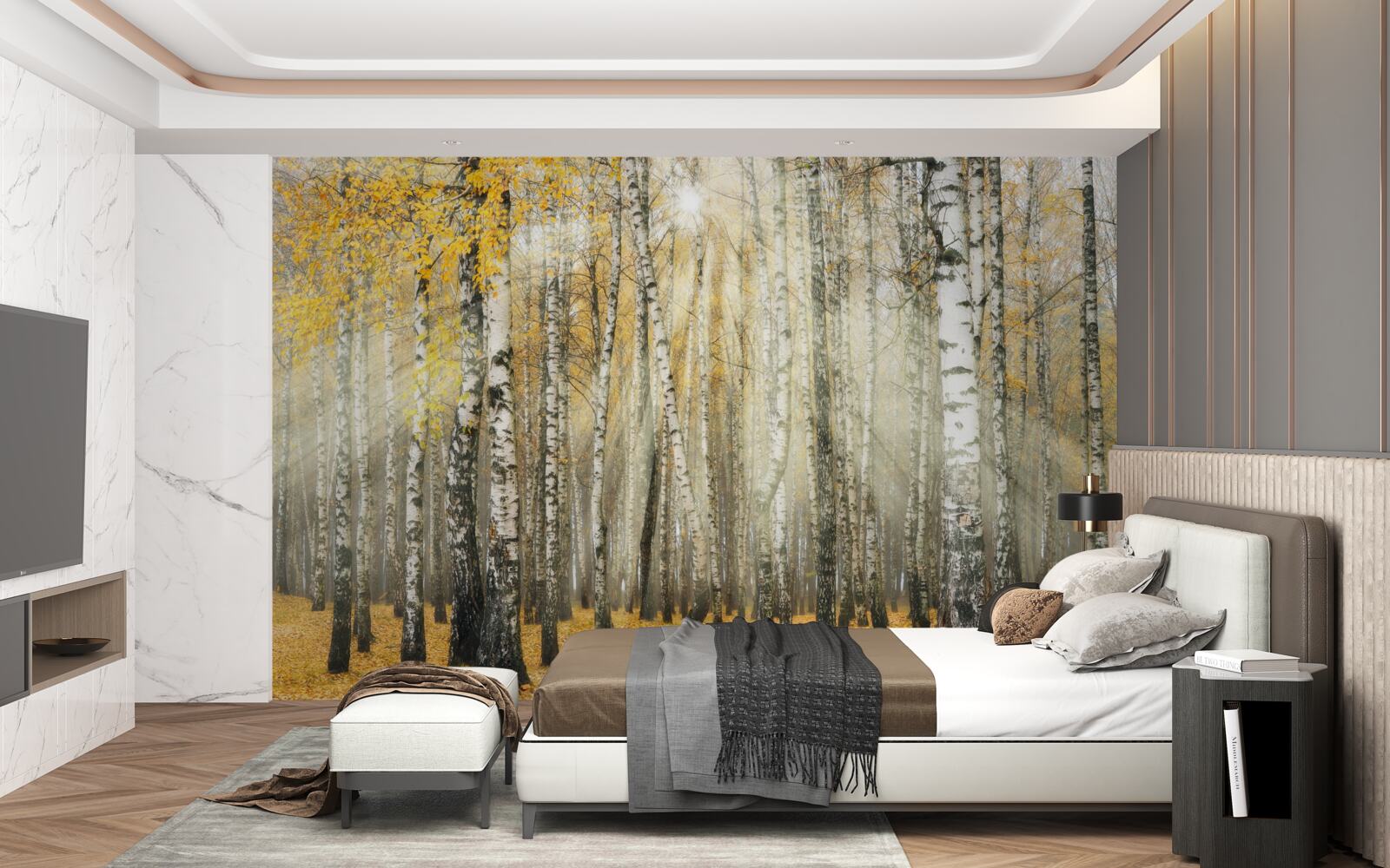 Papier peint Feuilles de bouleau tombées dans une forêt d'automne