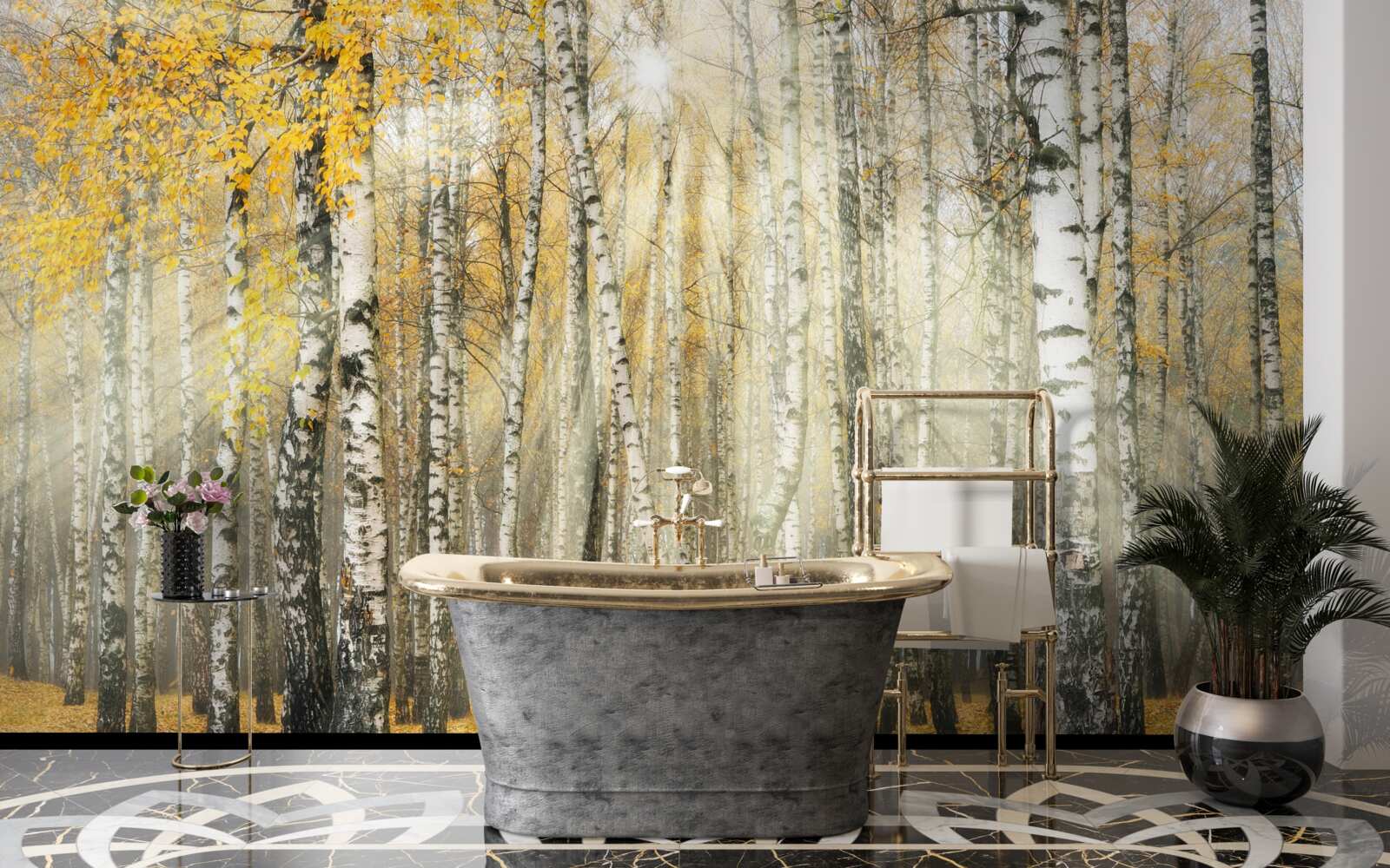 Papier peint Feuilles de bouleau tombées dans une forêt d'automne