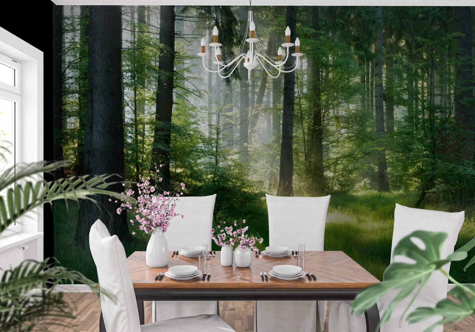 Papier peint une matinée dans la forêt, entourée de verdure