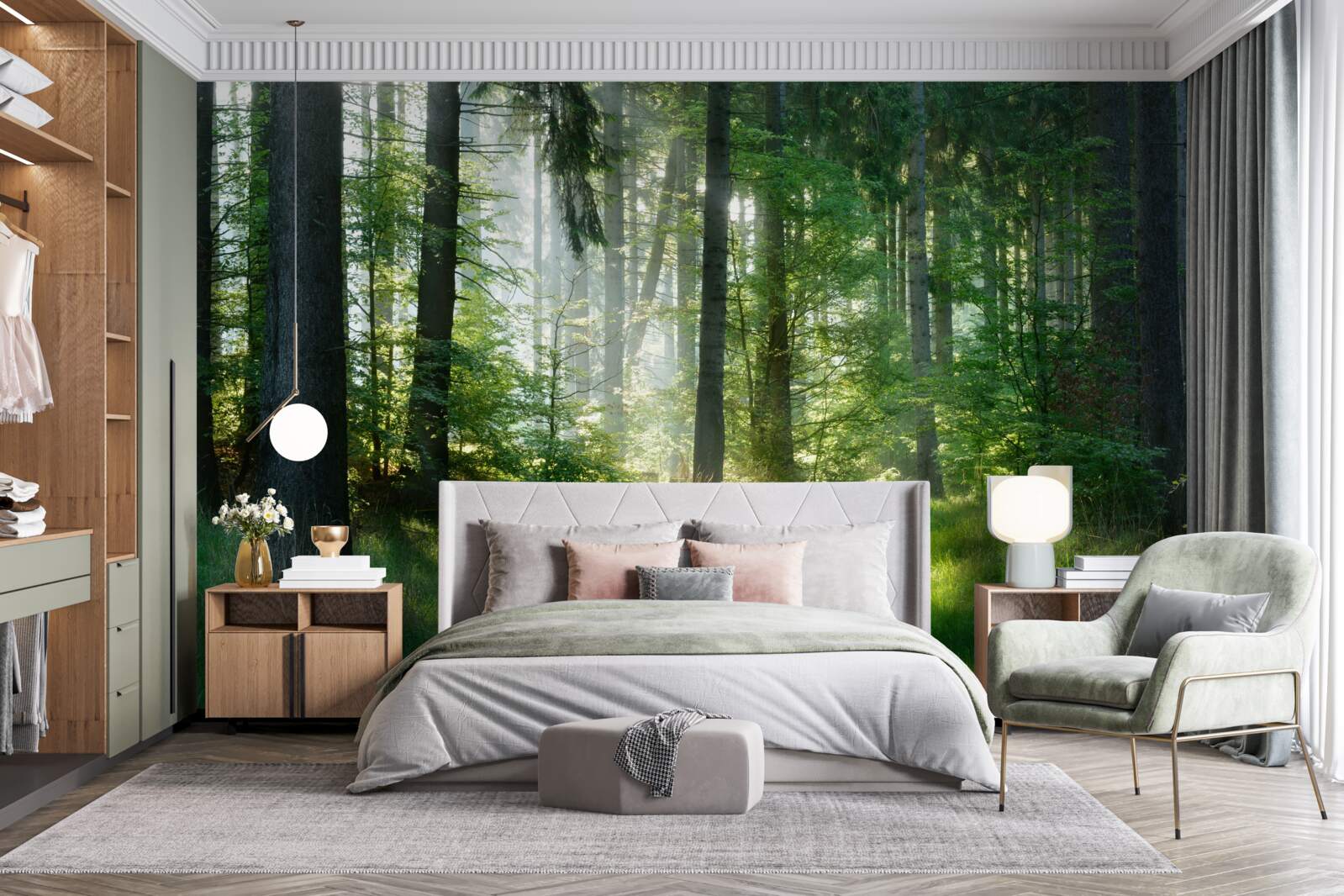 Papier peint une matinée dans la forêt, entourée de verdure