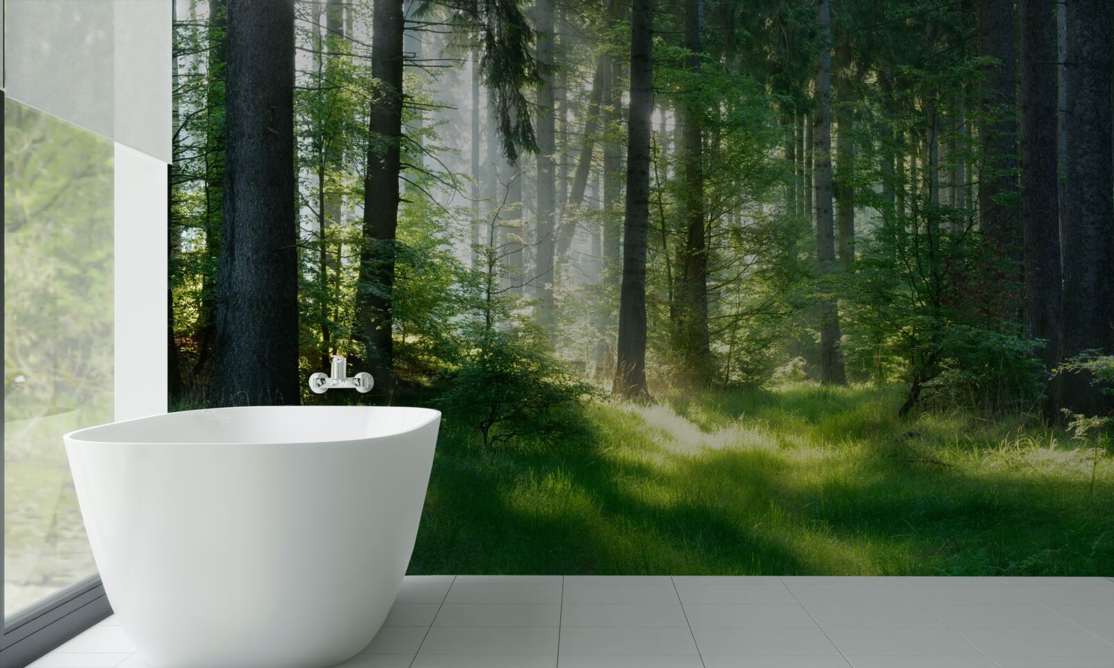 Papier peint une matinée dans la forêt, entourée de verdure