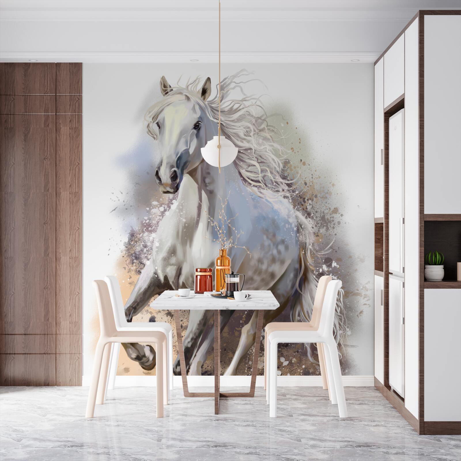 Papier peint Le cheval blanc comme neige à la crinière luxuriante galope rapidement