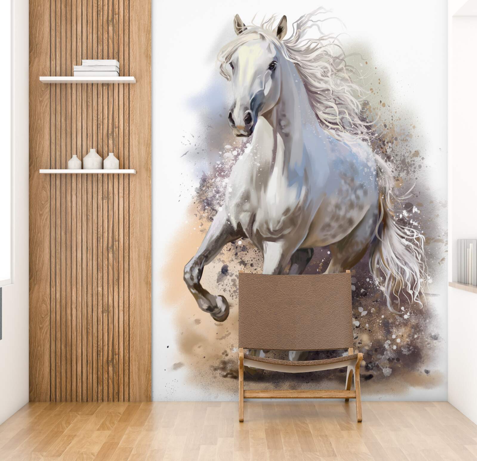 Papier peint Le cheval blanc comme neige à la crinière luxuriante galope rapidement