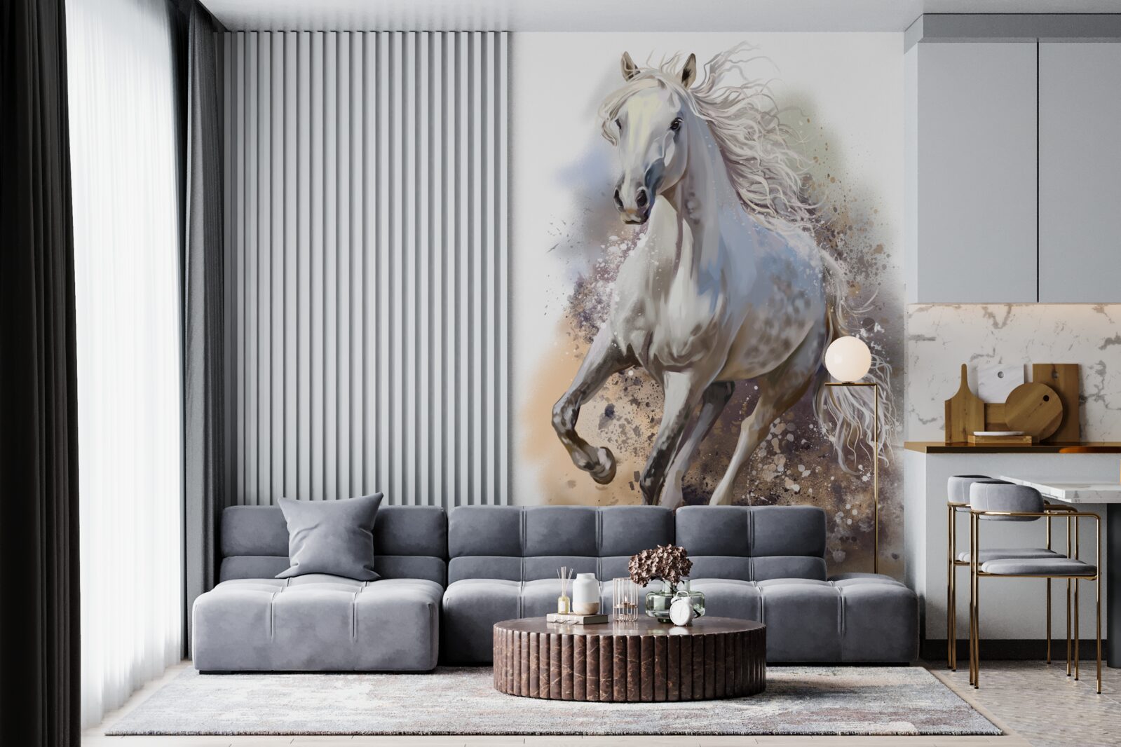 Papier peint Le cheval blanc comme neige à la crinière luxuriante galope rapidement