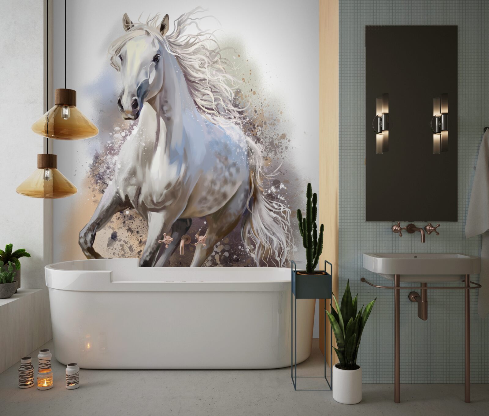 Papier peint Le cheval blanc comme neige à la crinière luxuriante galope rapidement