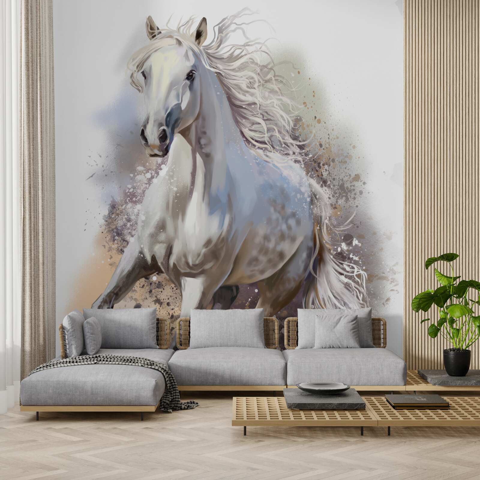 Papier peint Le cheval blanc comme neige à la crinière luxuriante galope rapidement