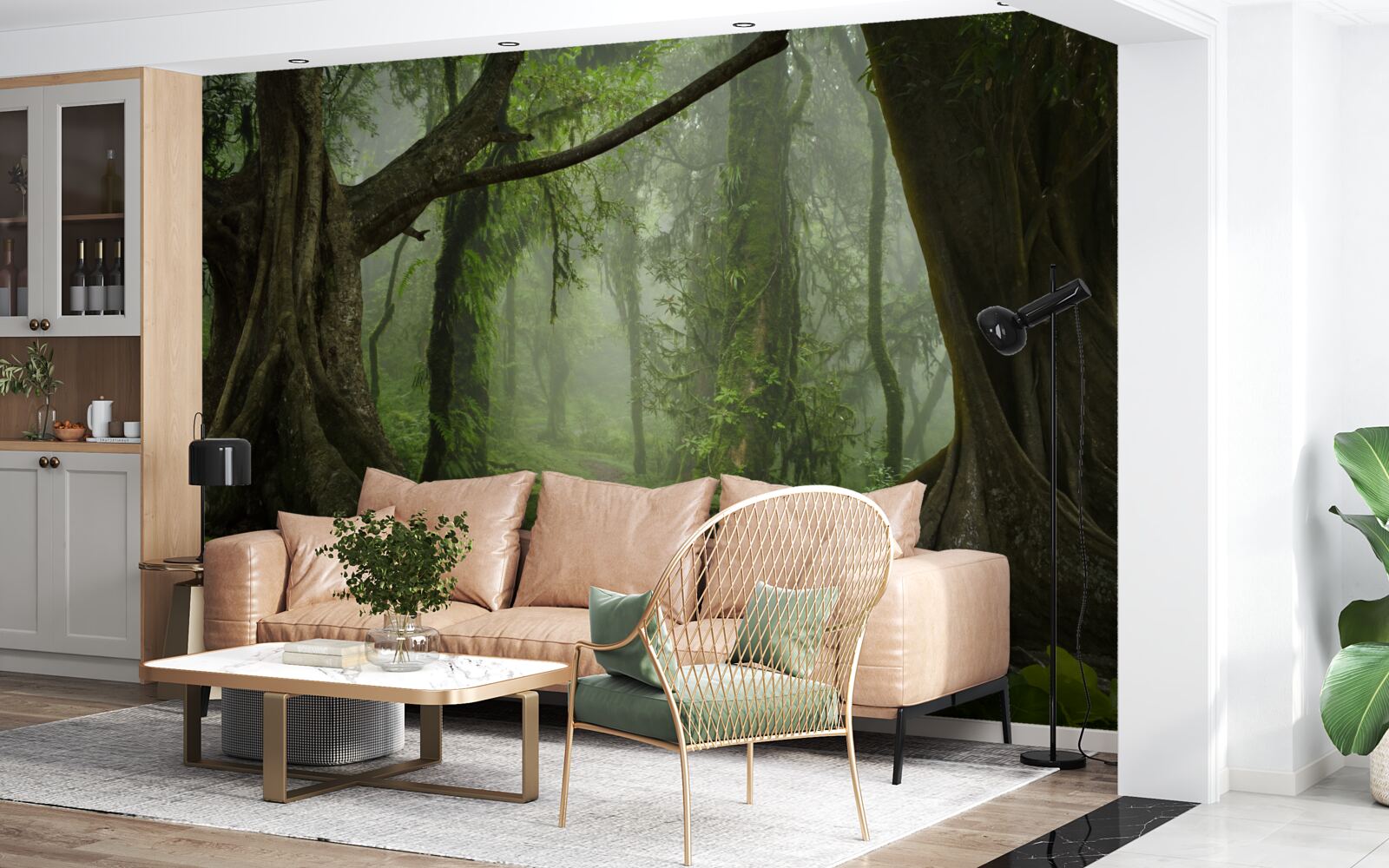 Papier peint chemin mystique entouré d'une forêt luxuriante